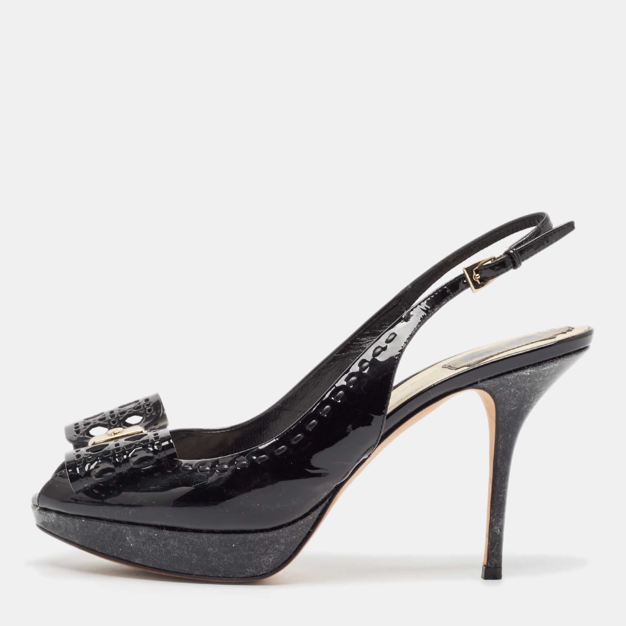 Dior Black Patent Leather Peep Toe Slingback  Pumps Size 39.5