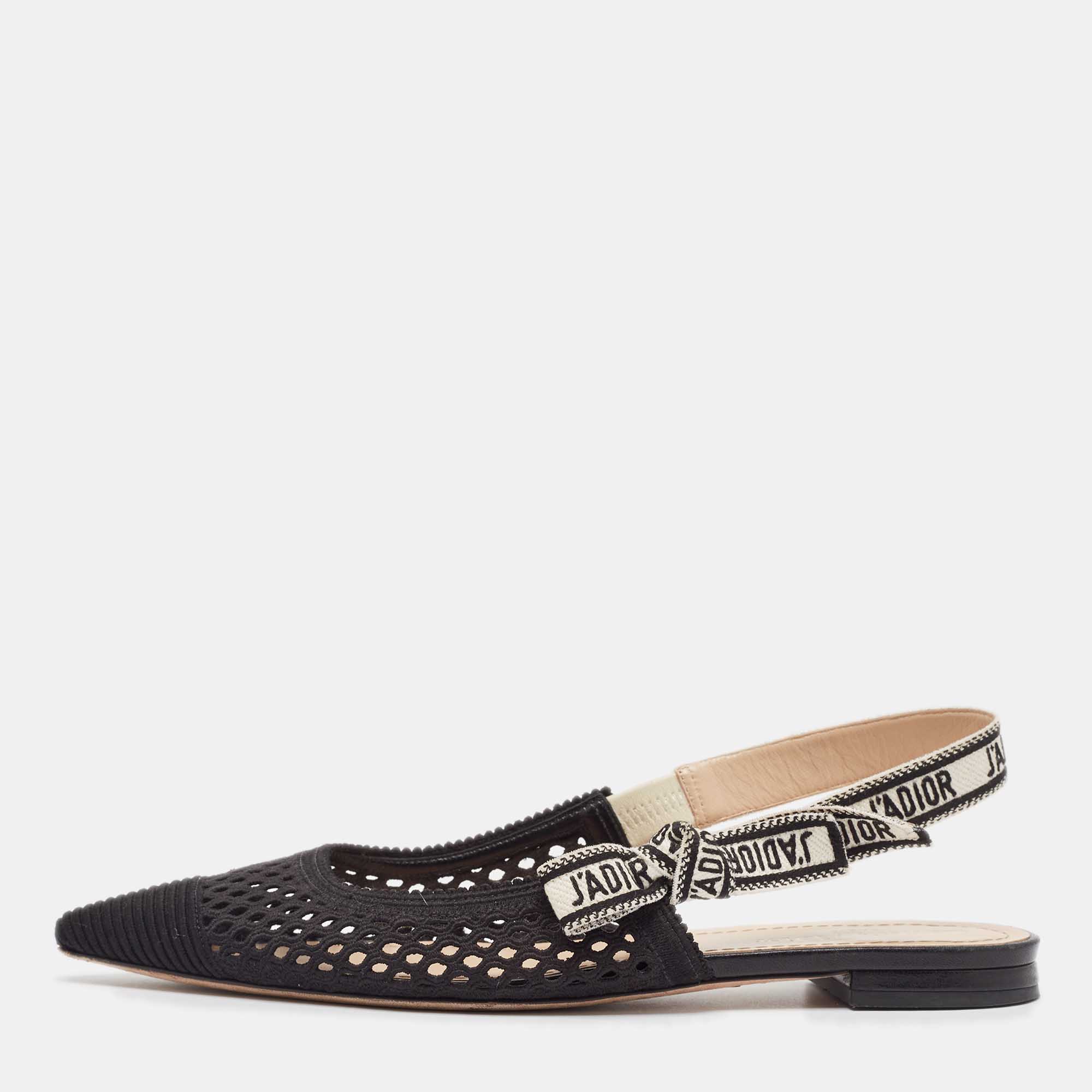 Pre Owned Dior Black Mesh J'Adior Slingback Flat Sandals Size 39.5