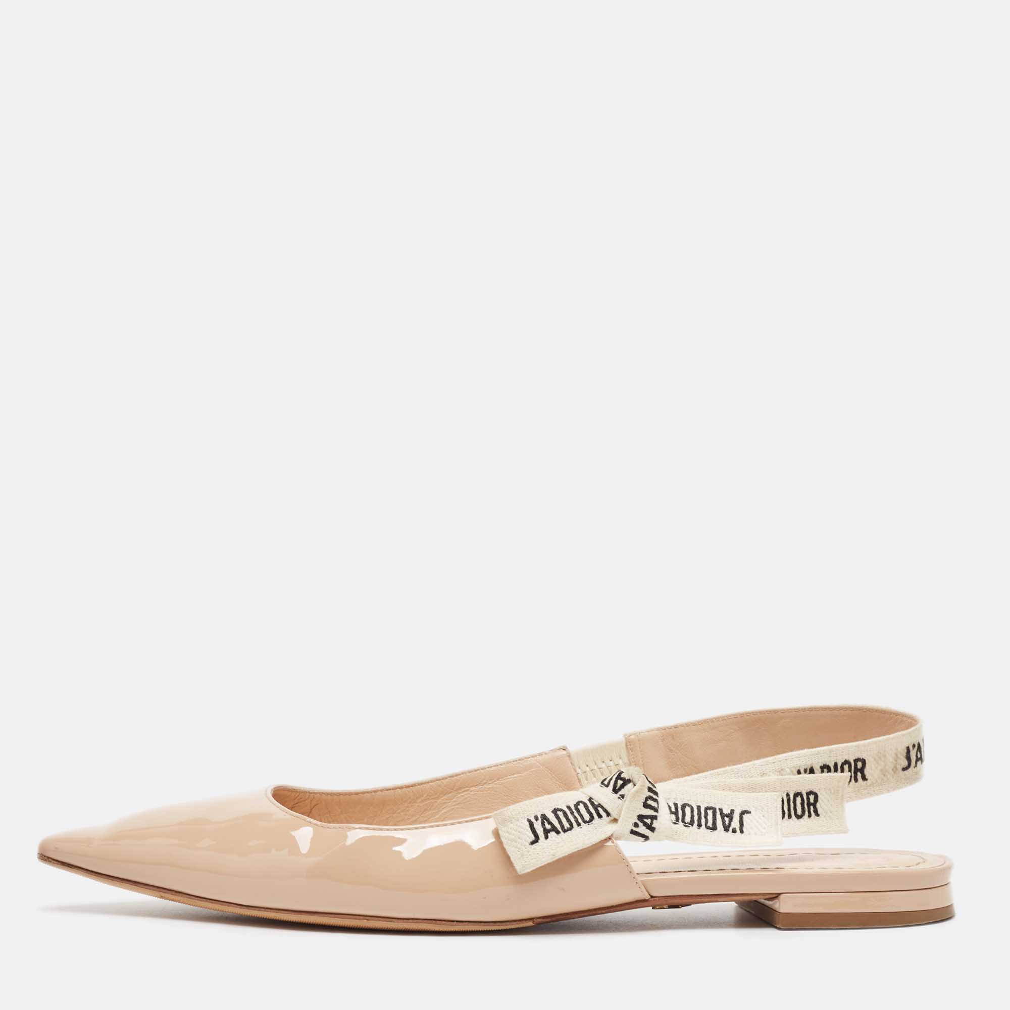 Pre Owned Dior Beige Patent Leather J'adior Slingback Flats Size 39.5