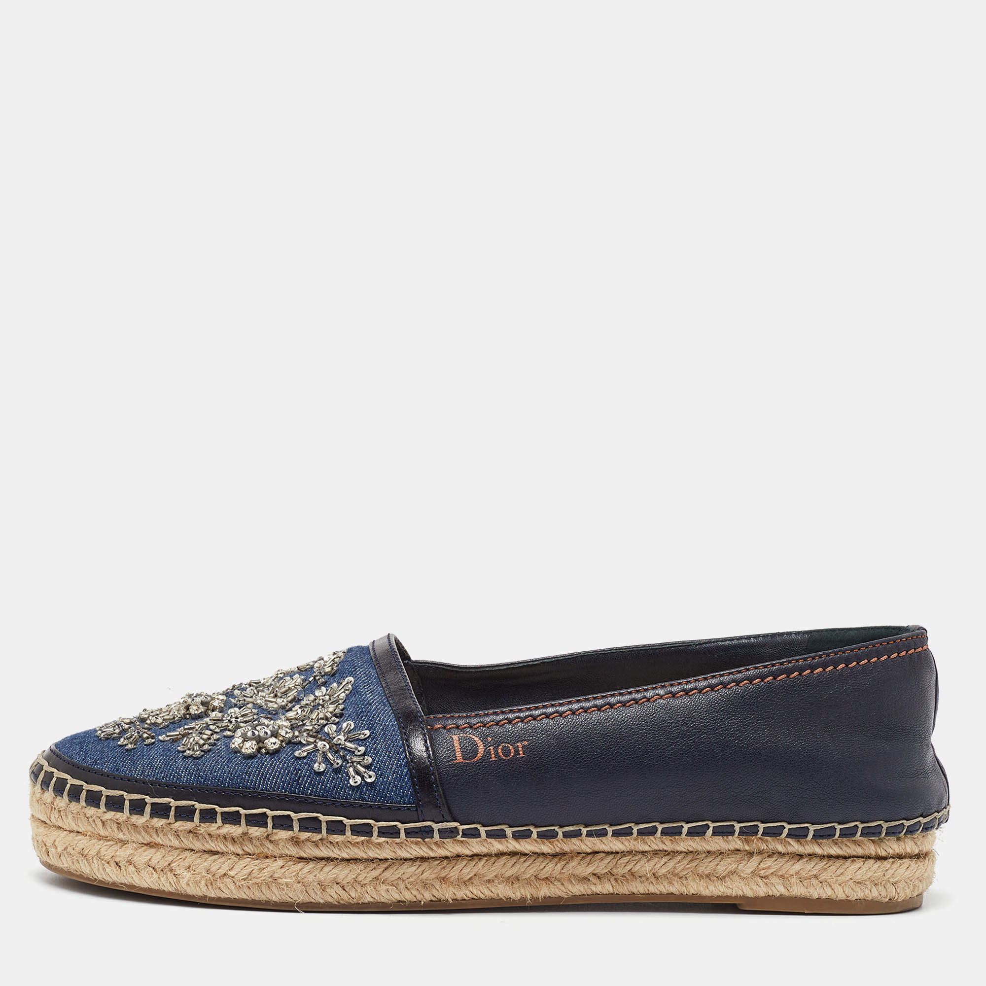 Dior Blue Canvas and Leather Crystal Embellished Espadrille Loafers Size 39 