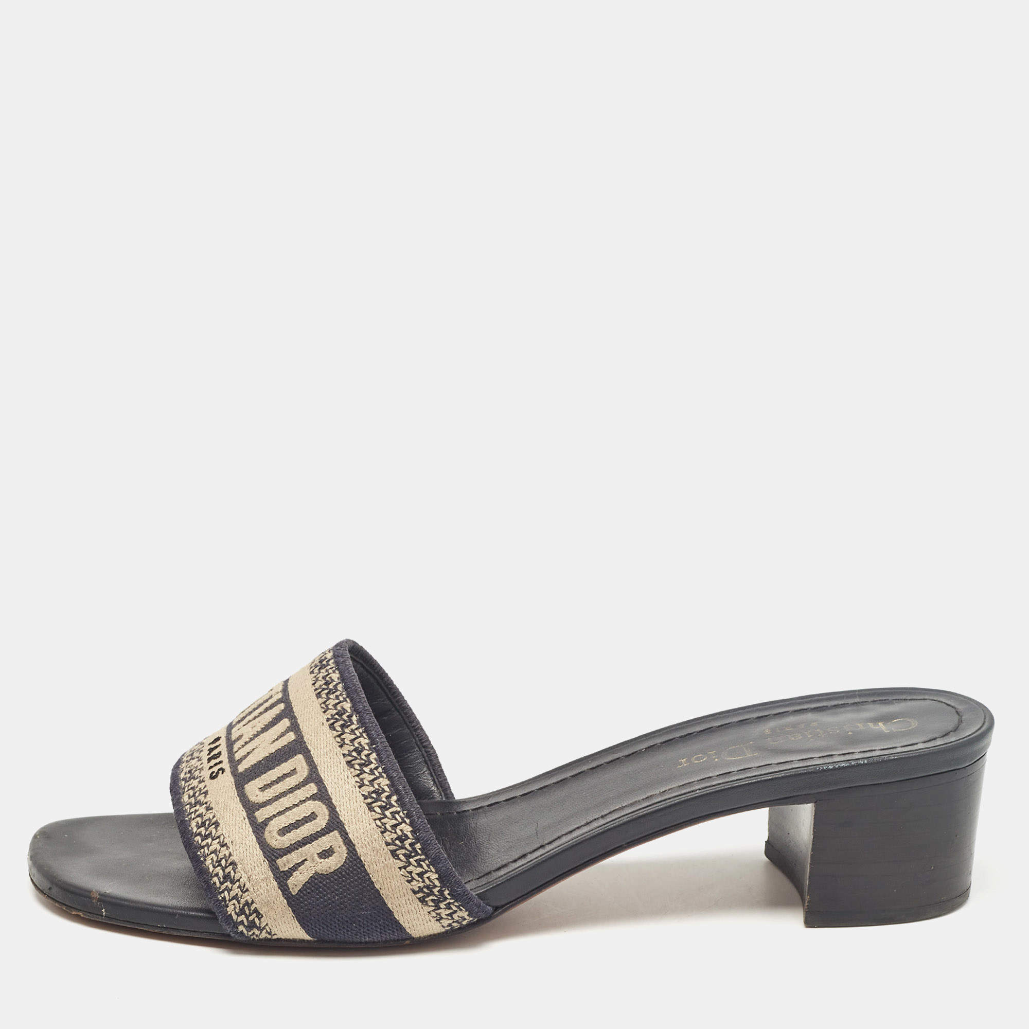 Dior Navy Blue/White Embroidered Canvas Dway Slide Sandals Size 39.5