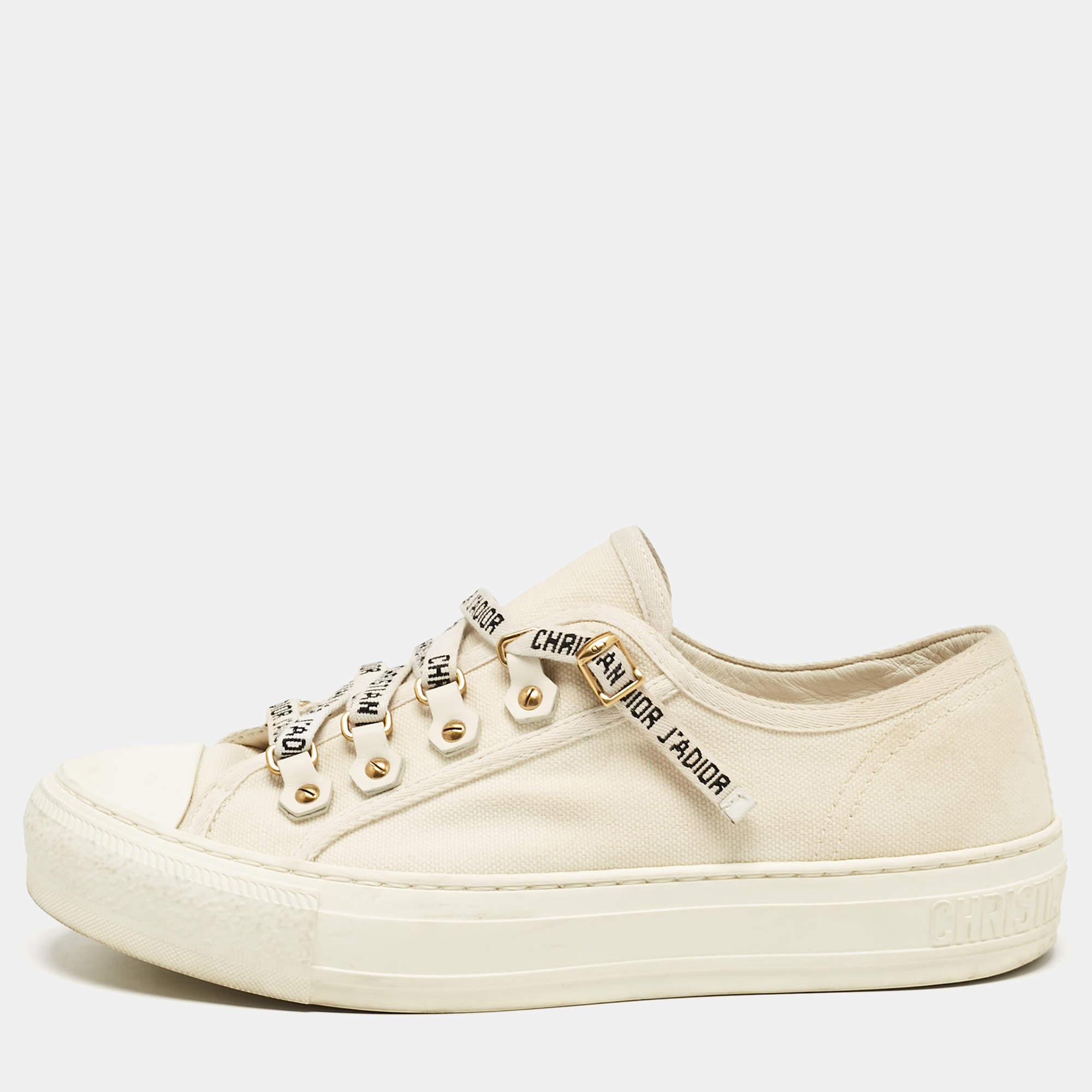 Pre Owned Dior Cream Canvas Walk'n'Dior Lace Up Sneakers Size 37.5