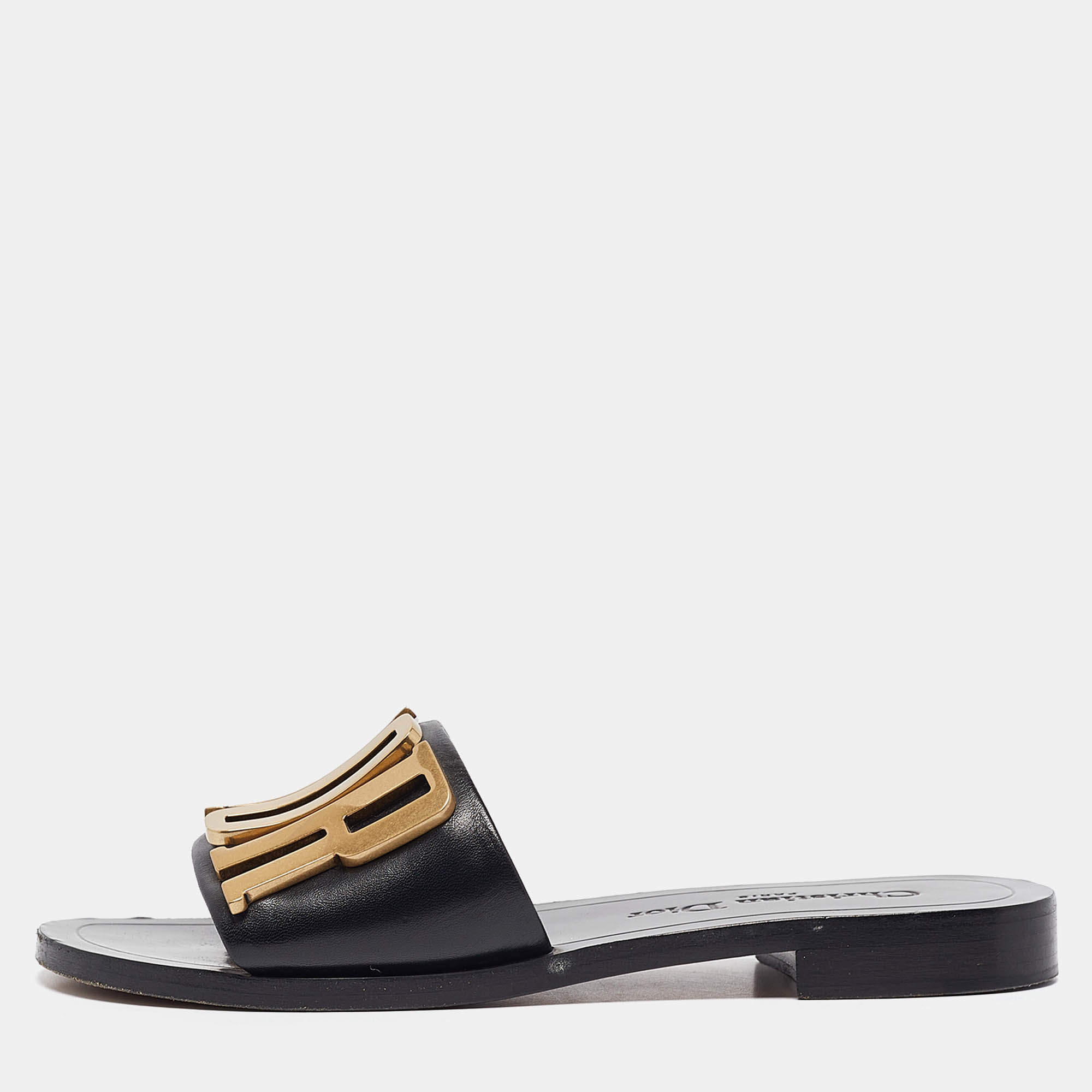 Dior Black Leather Dior Evolution Flat Slides Size 34