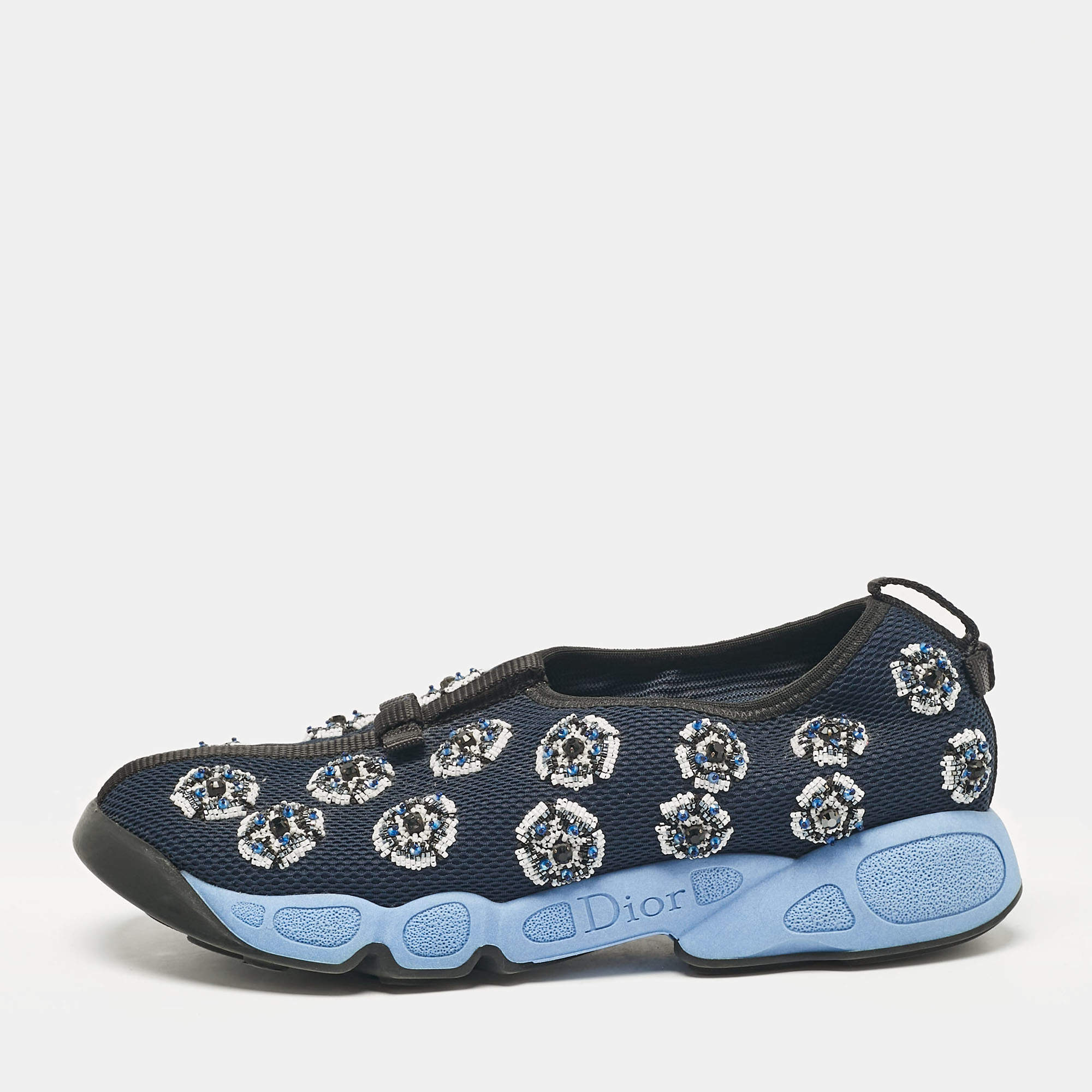 Dior Blue Embellished Mesh Fusion Sneakers Size 38