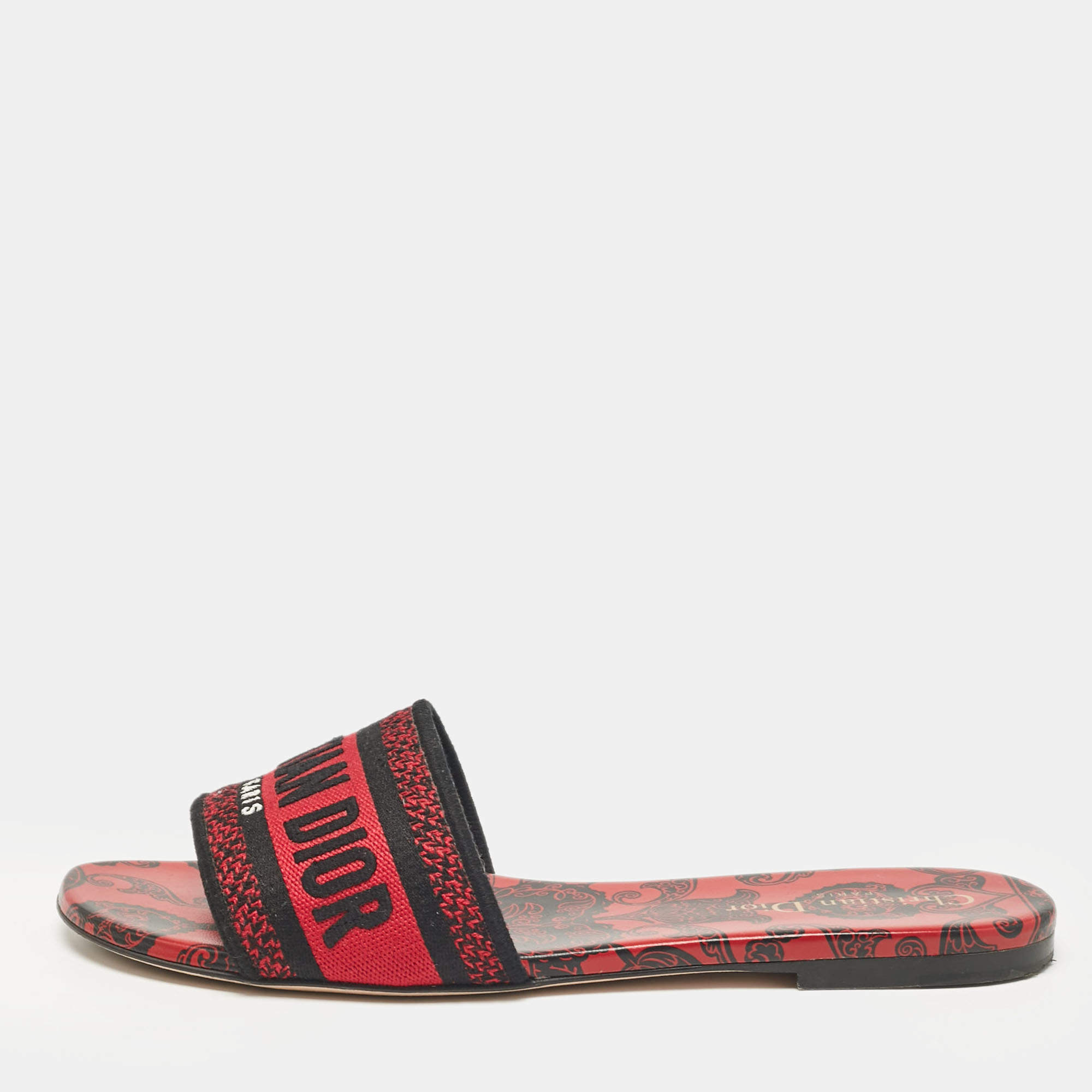 Dior Red/Black Canvas Dway Flat Slides Size 39