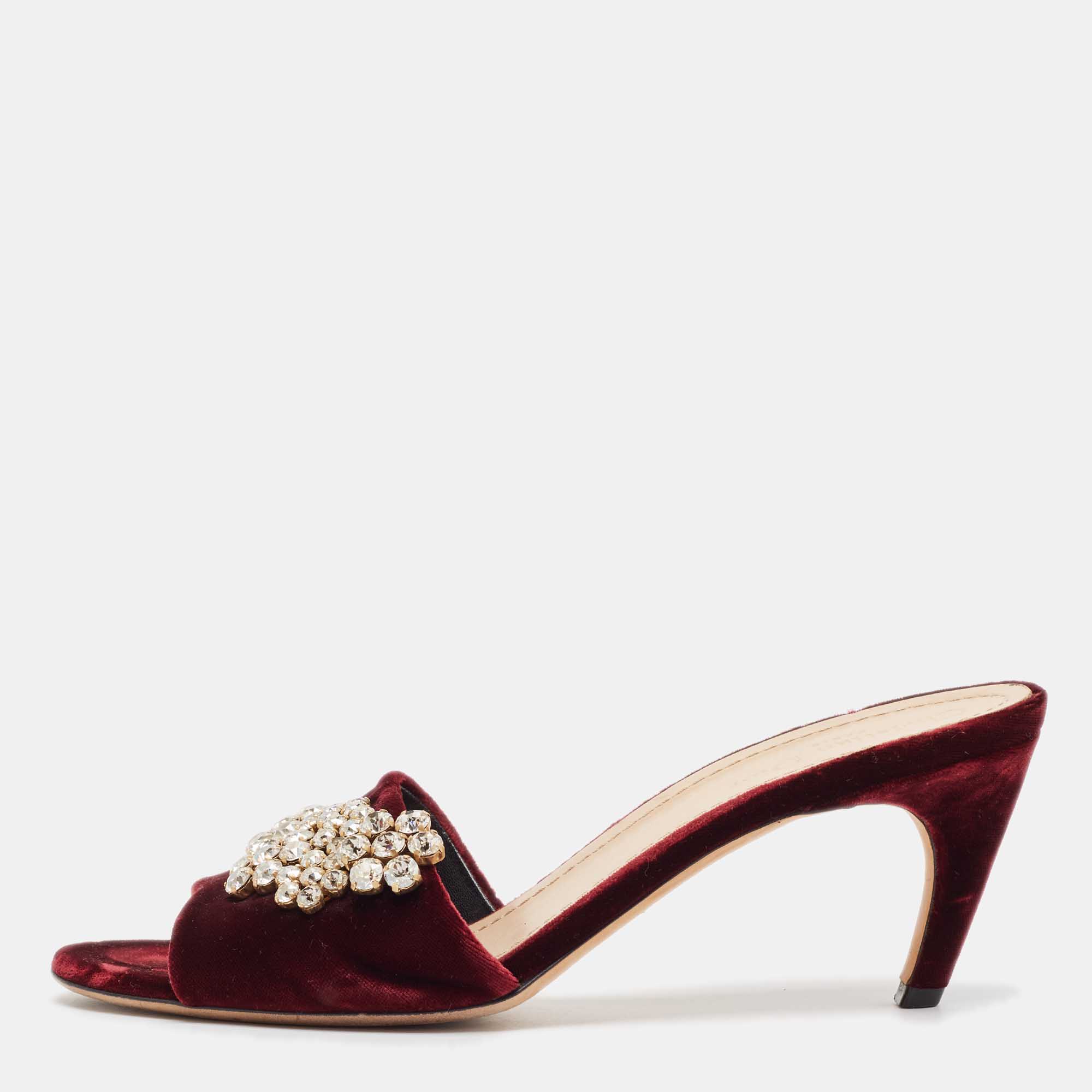 Pre Owned Dior Burgundy Velvet Crystal Embellished Slide Sandals Size 41