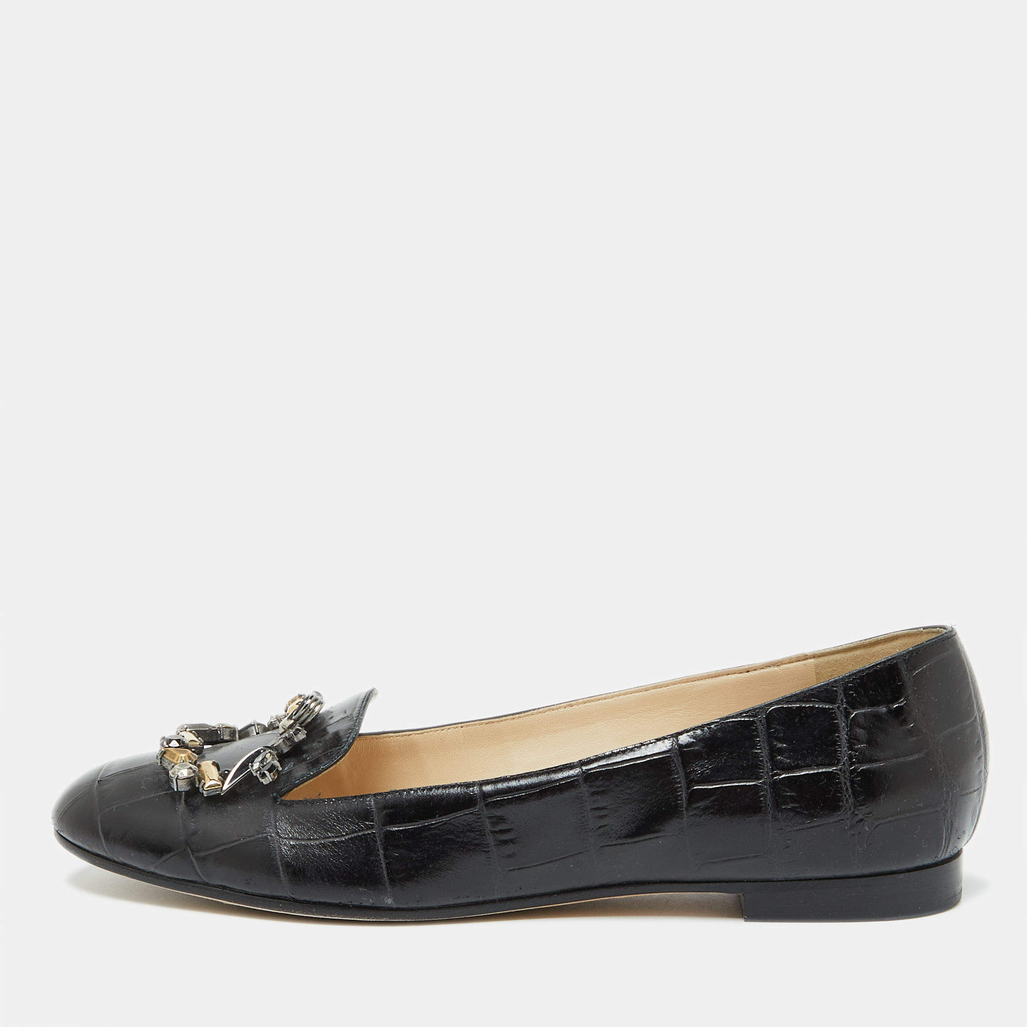 Dior Black Croc Embossed Leather Crystal Embellished Slip On Loafers Size 40.5