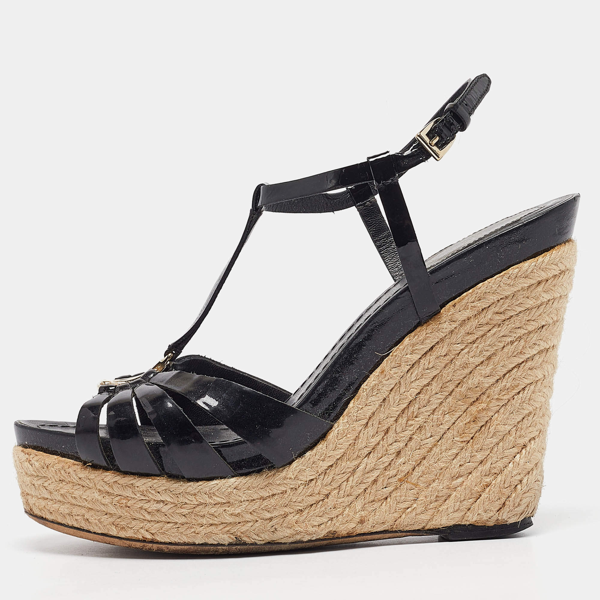 Dior Black Patent Leather Wedge Sandals Size 39