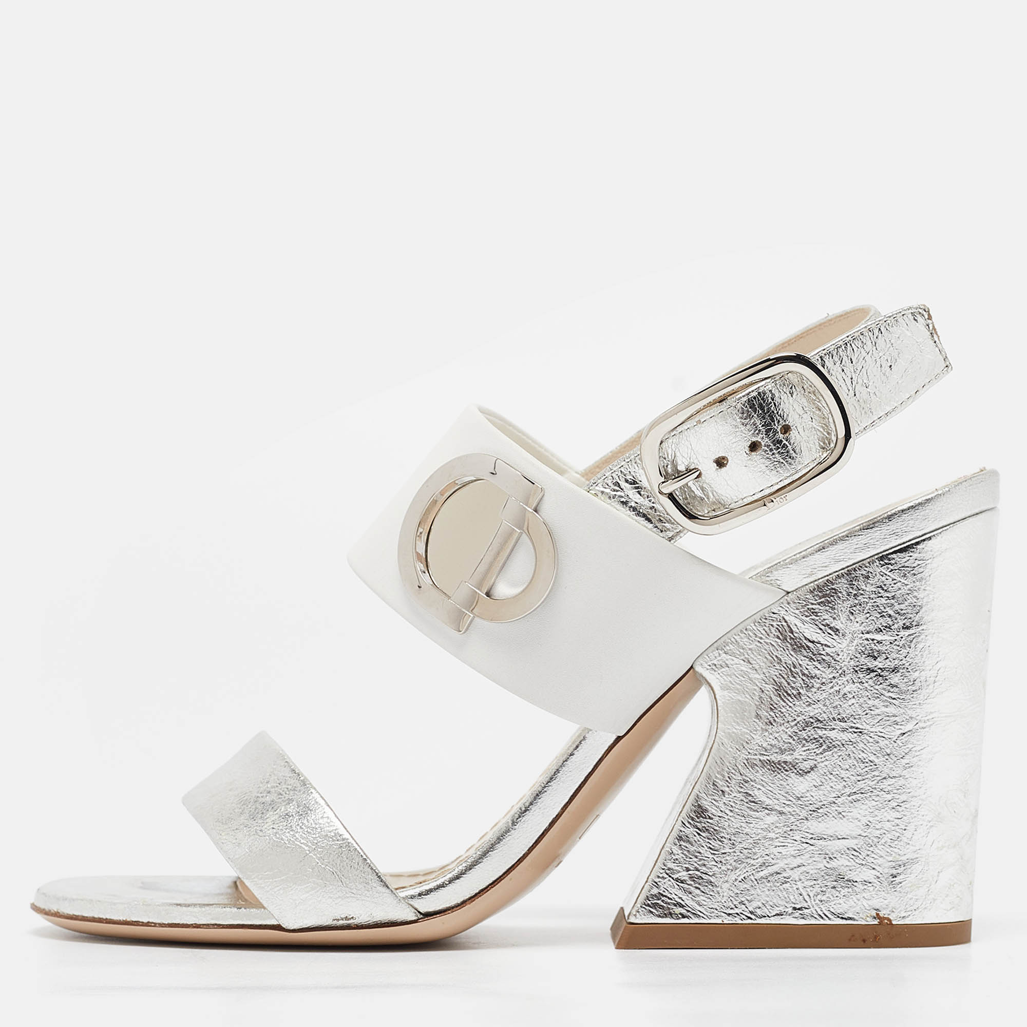 Dior Silver/White Leather Ankle Strap Sandals Size 38