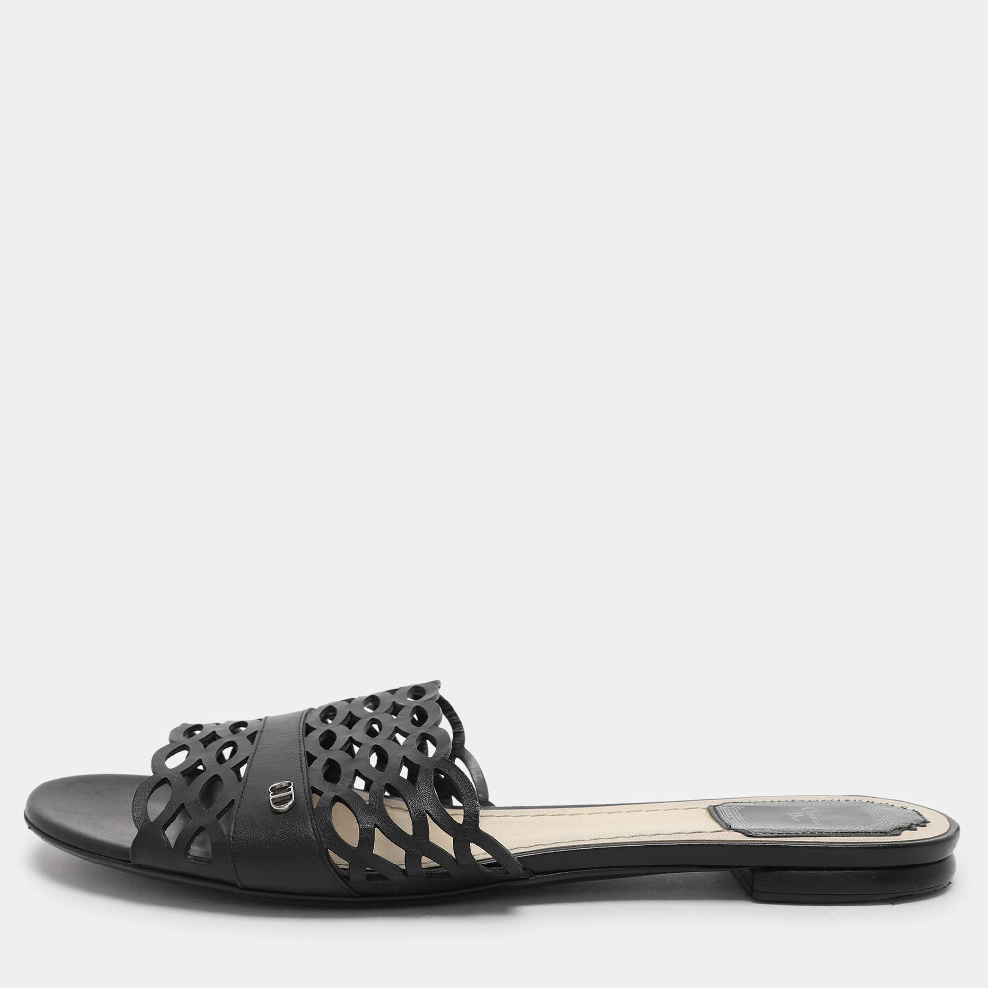 Pre Owned Dior Black Laser Cut Leather Flat Slides Size 39