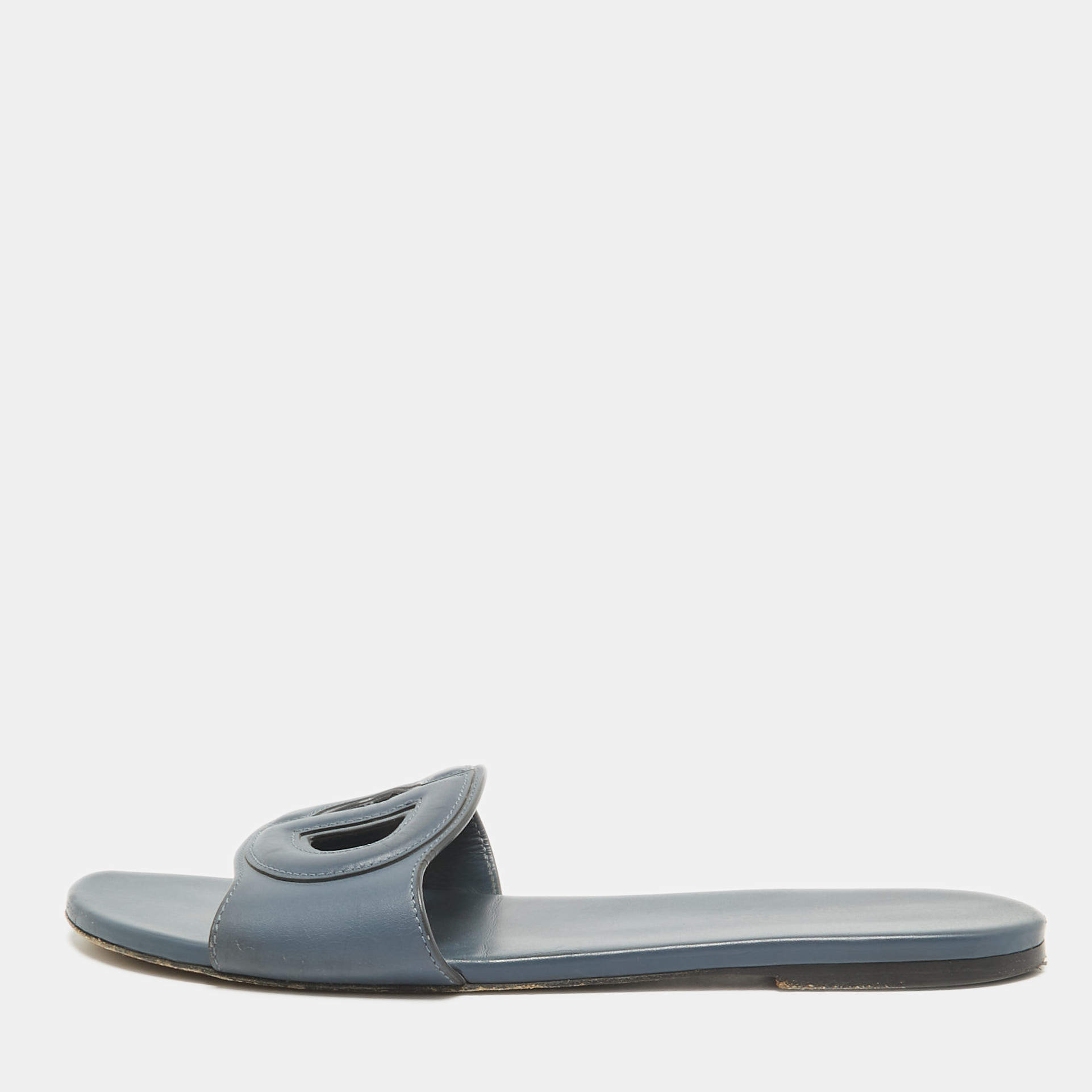 Pre Owned Dior Grey Leather D-Club Flat Slides Size 41