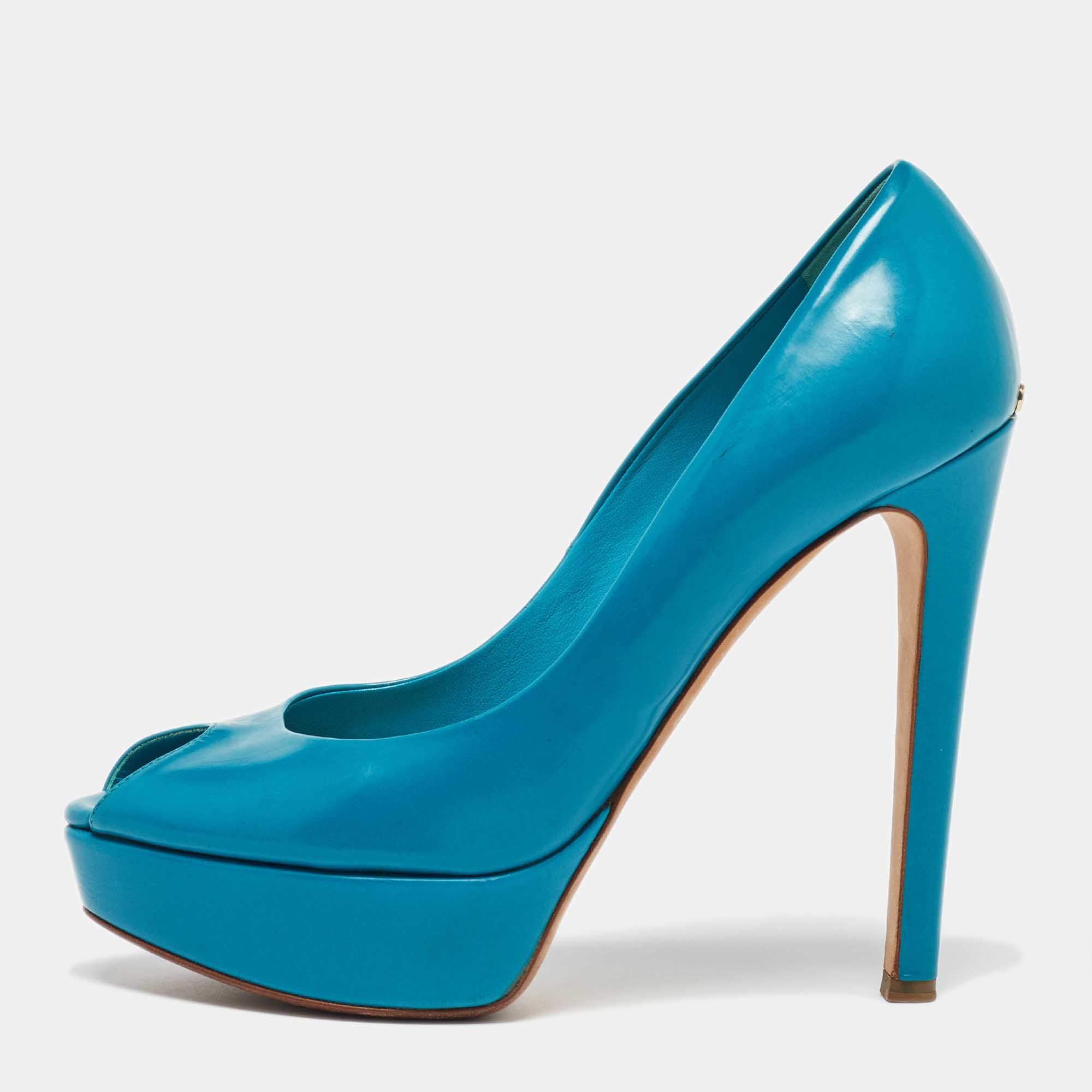 Dior Blue Patent Leather Miss Dior Peep Toe Platform Pumps Size 38.5