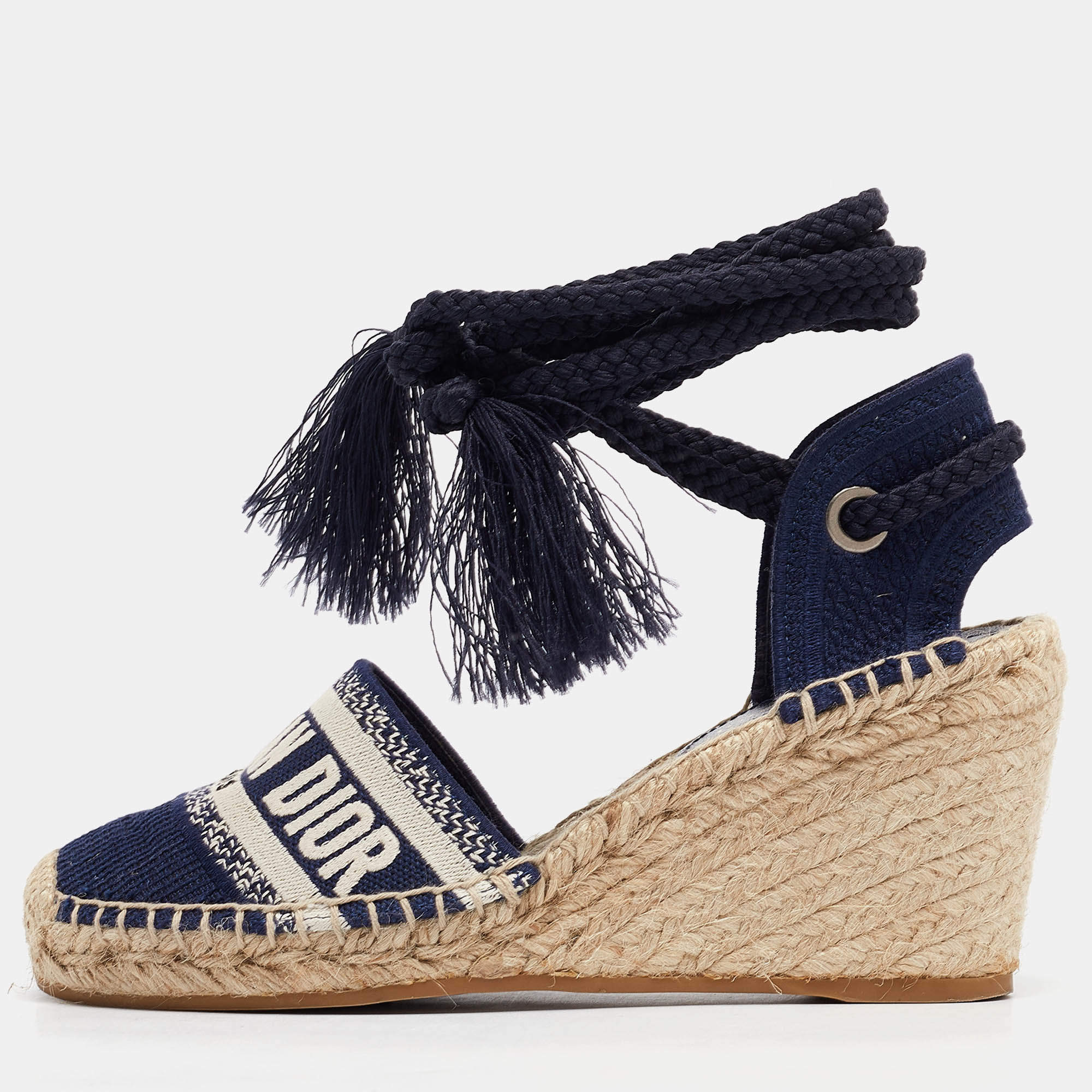 Dior Navy Blue Canvas and Knit Fabric Granville Wedge Sandals Size 35