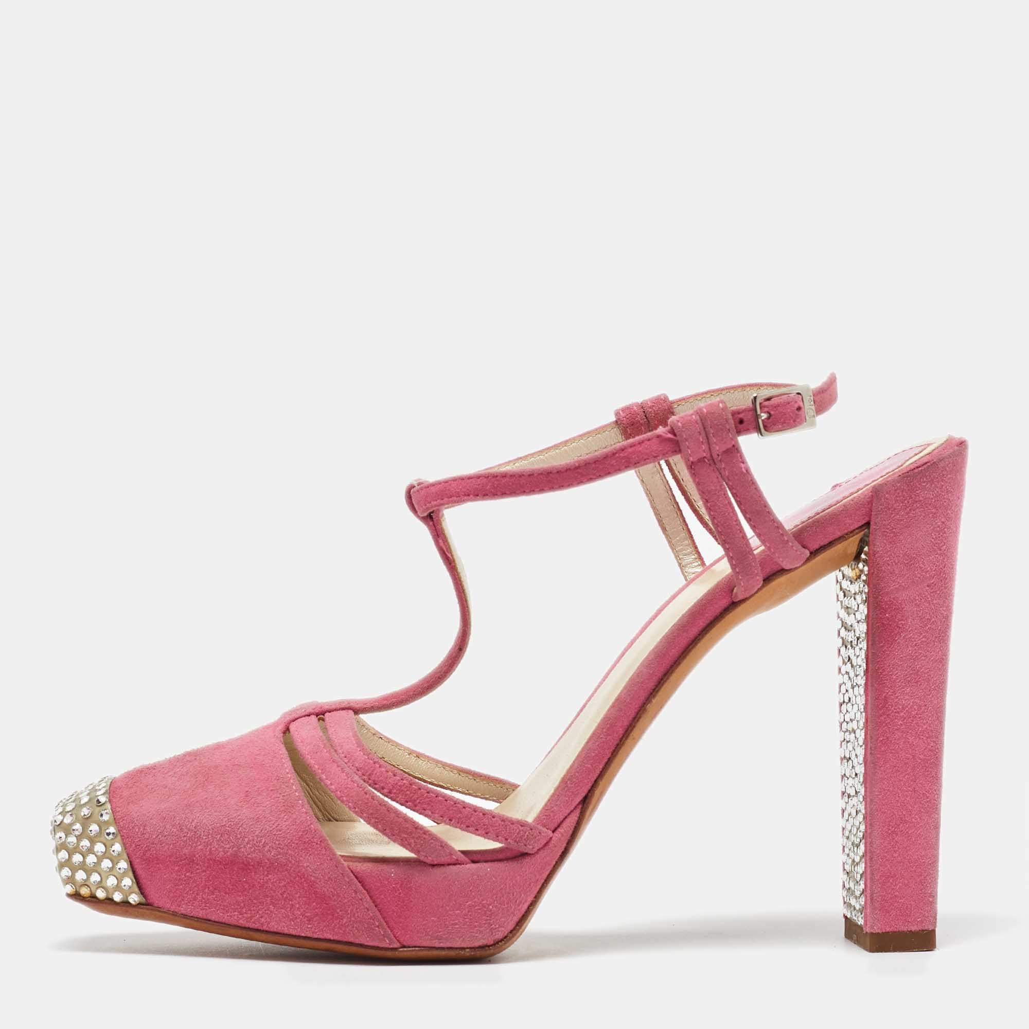 Dior Pink Suede Crystal Embellished T-Strap Sandals Size 37.5