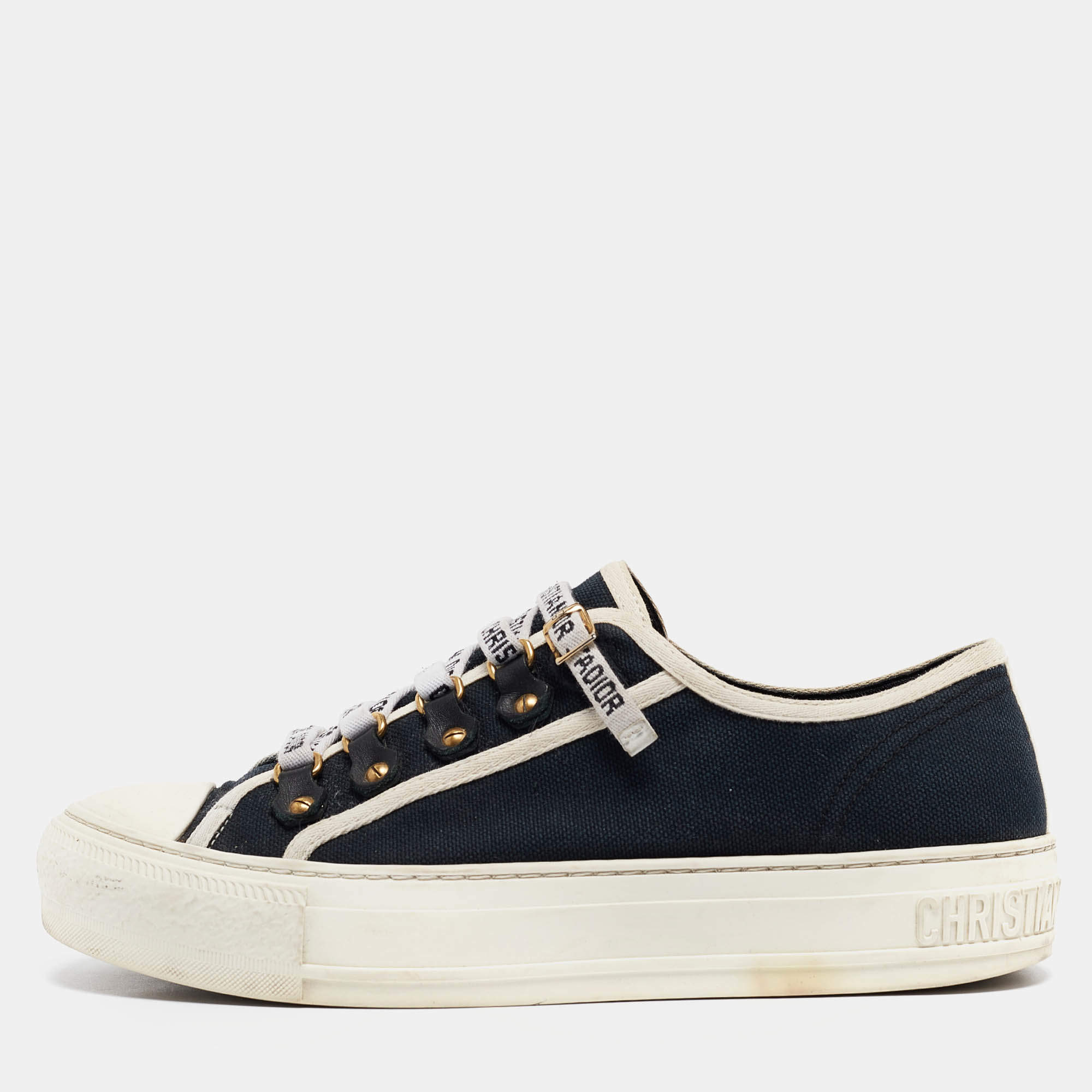 Dior Navy Blue Canvas Walk'n'Dior Lace Up Sneakers Size 36.5