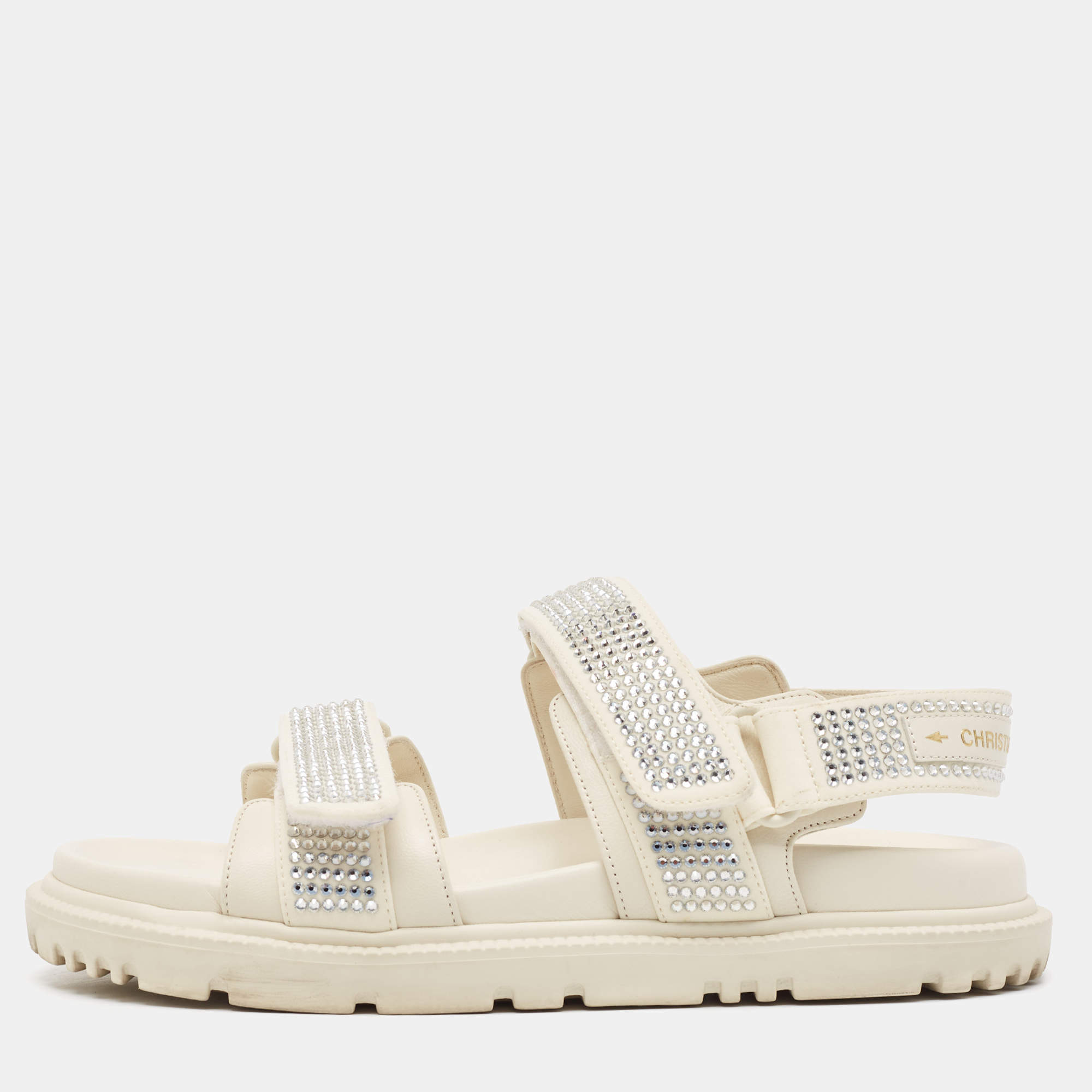 Pre Owned Dior Cream Crystal Embellished Fabric and Leather DiorAct Sandals Size 36.5