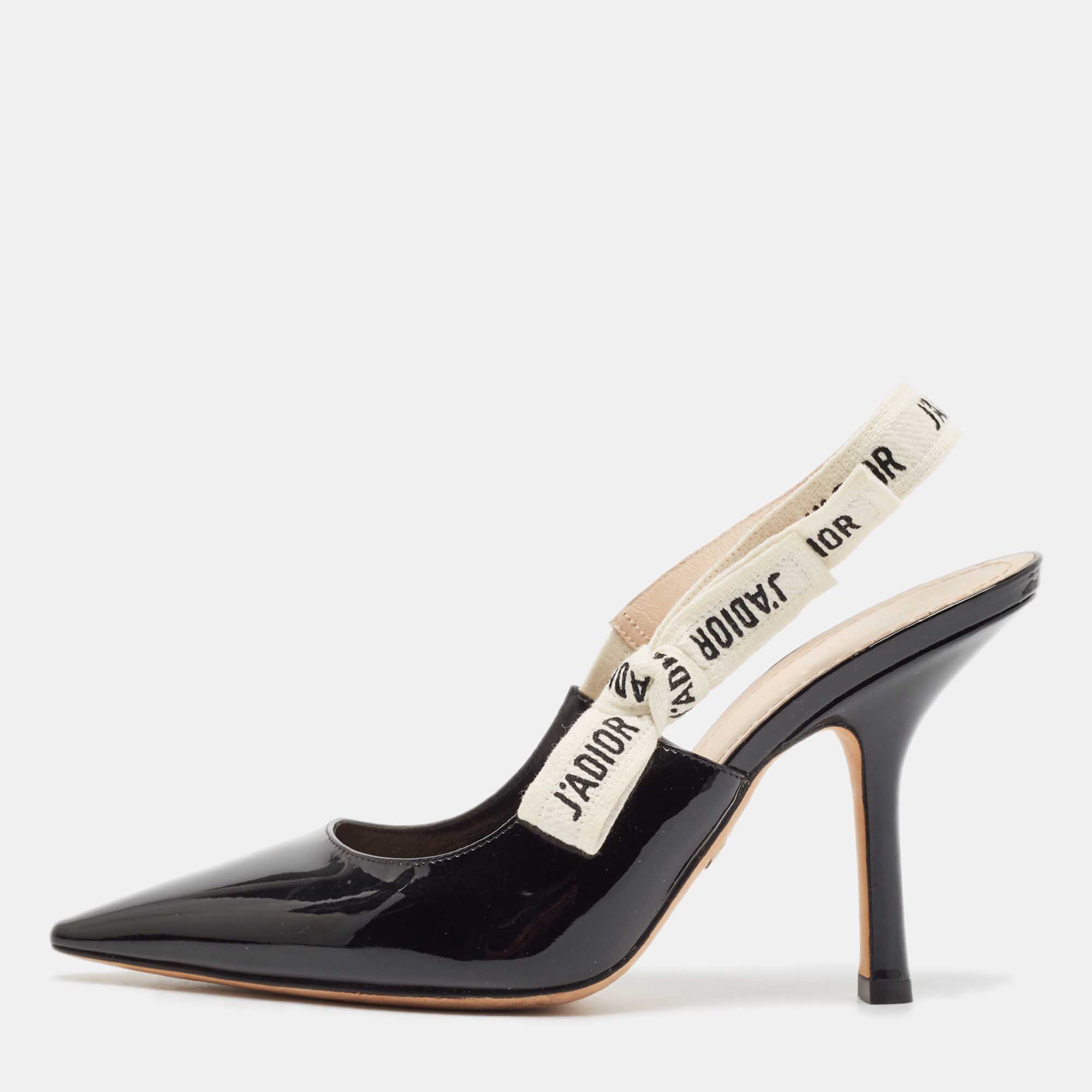 Dior Black Patent Leather J'Adior Slingback Pumps Size 38