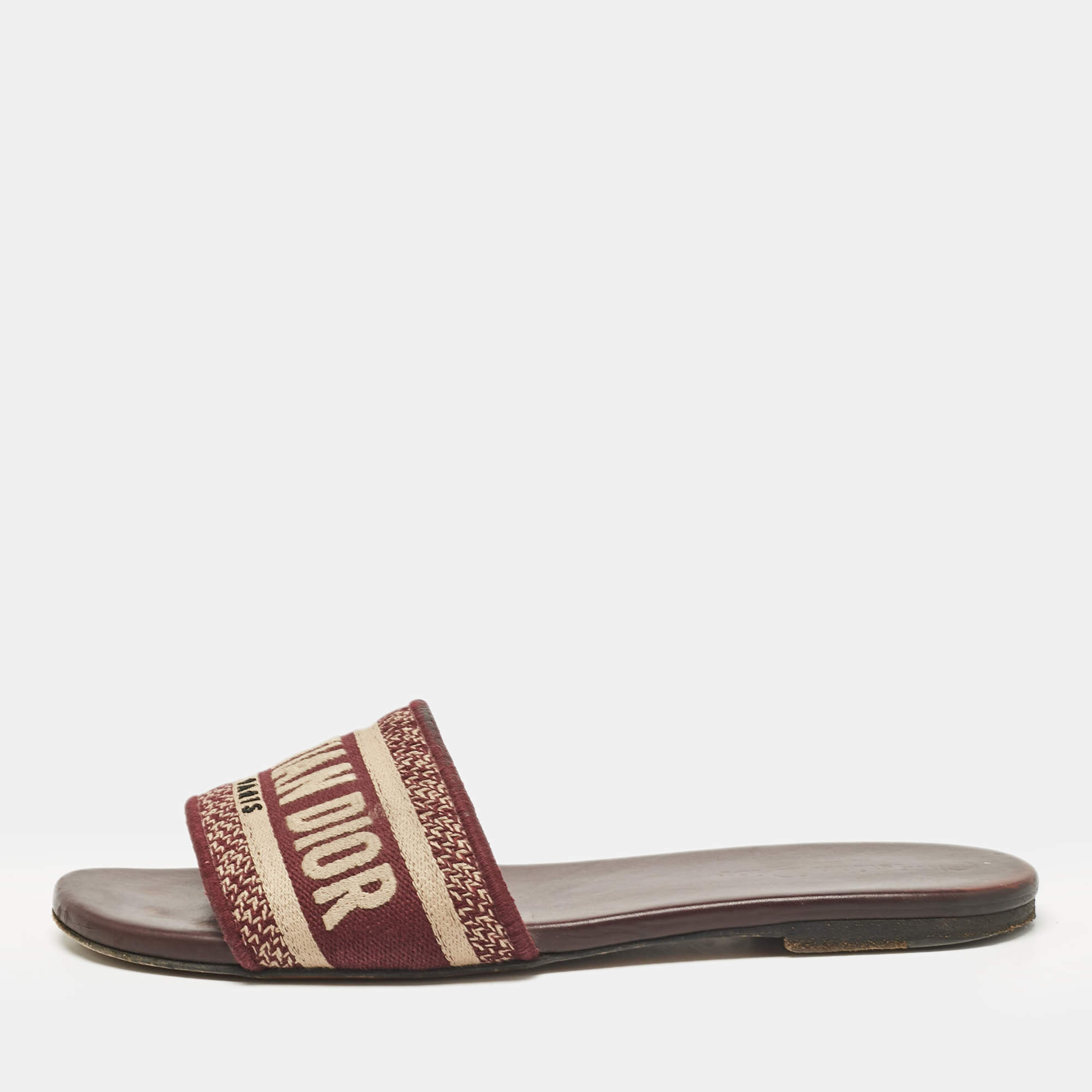 Pre Owned Dior Burgundy/Beige Embroidered Canvas Dway Flat Slides Size 37