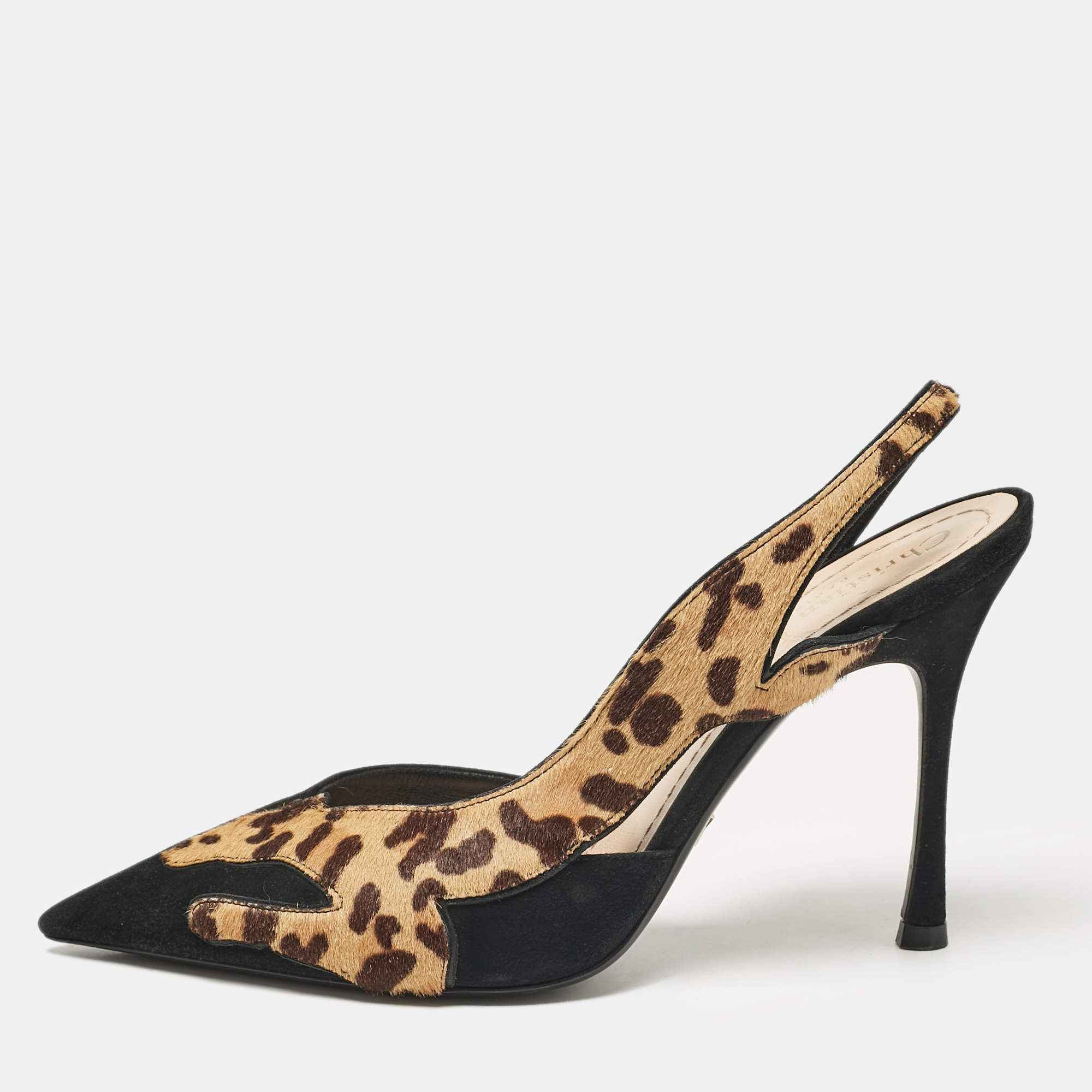 Pre Owned Dior Black/Brown Calf Hair and Suede Slingback Pumps Size 37