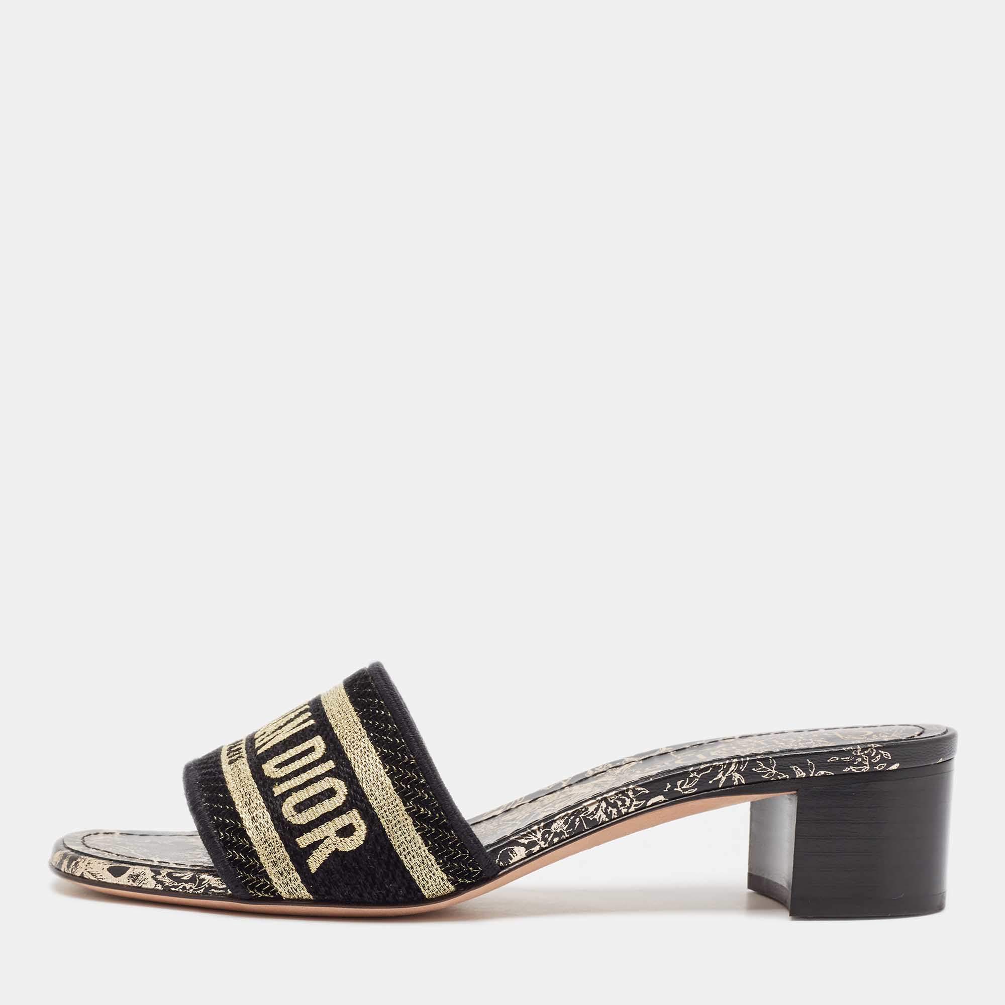 Dior Gold/Black Canvas Dway Slide Sandals Size 36.5