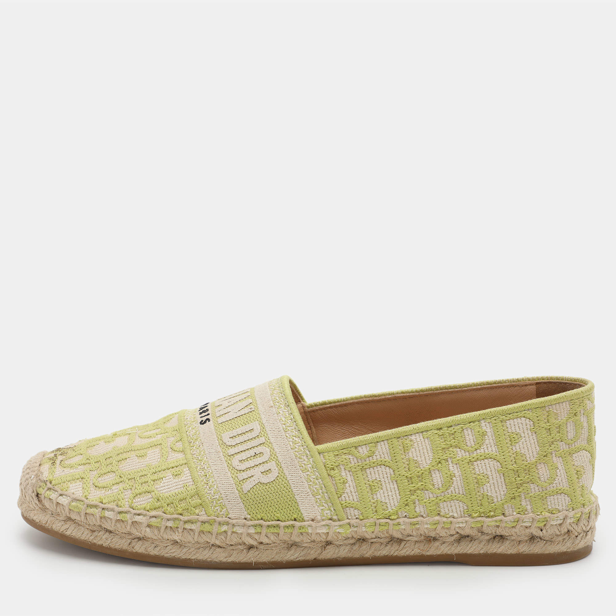 Dior Green/Off White Embroidered Canvas Granville Espadrille Flats Size 38