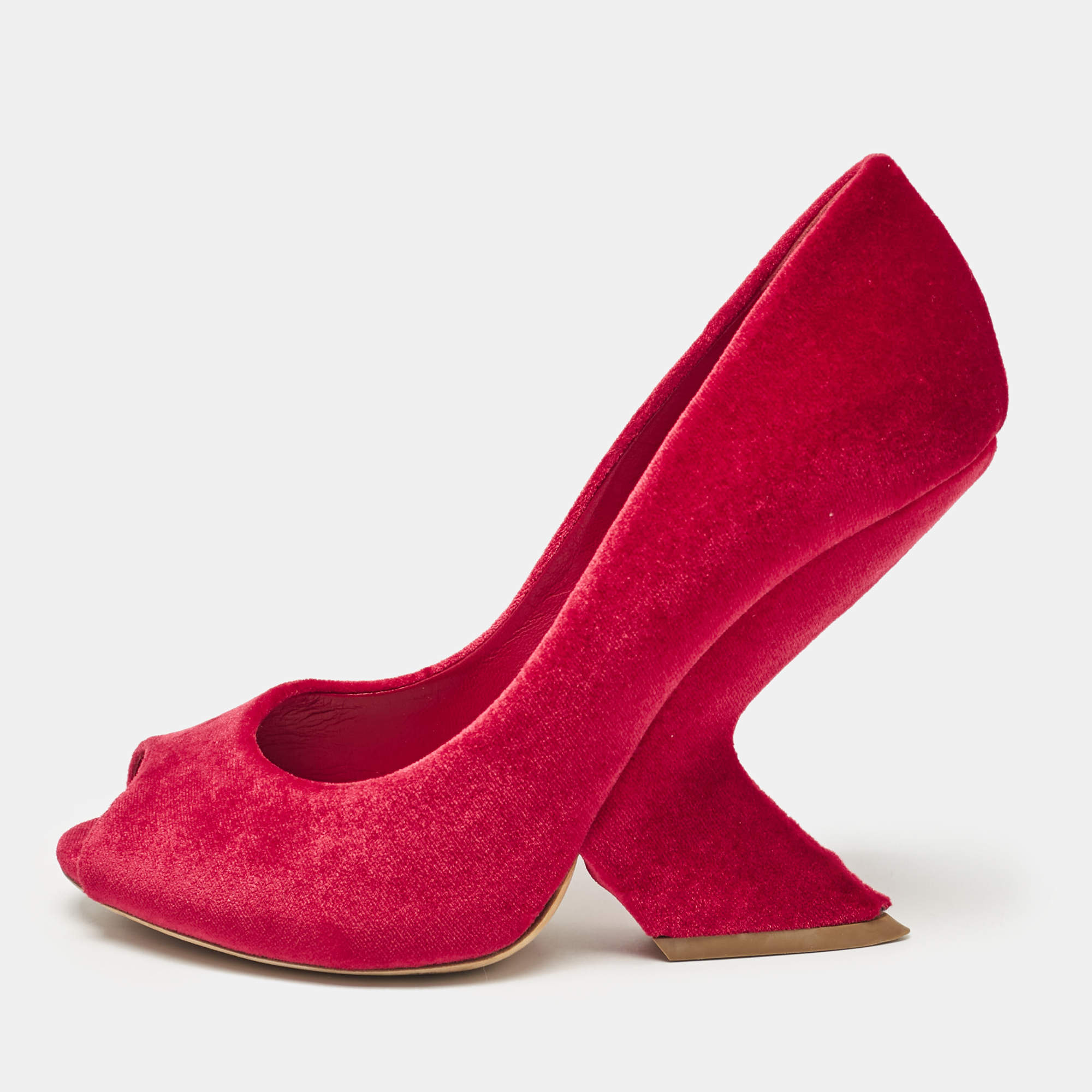 Dior Red Velvet Peep Toe Wedge Pumps Size 38