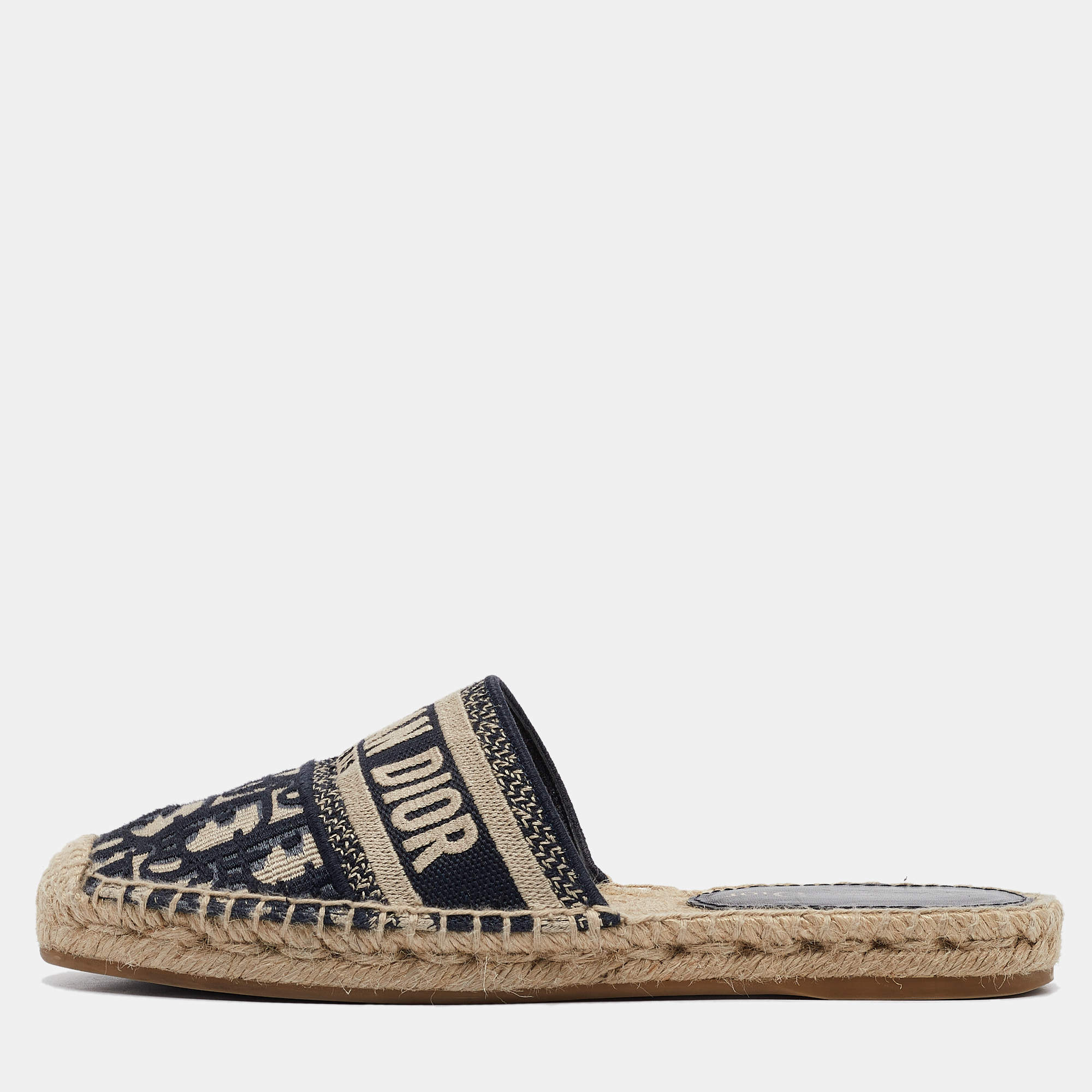 Pre Owned Dior Navy Blue/White Oblique Canvas Granville Espadrille Mules Size 35.5