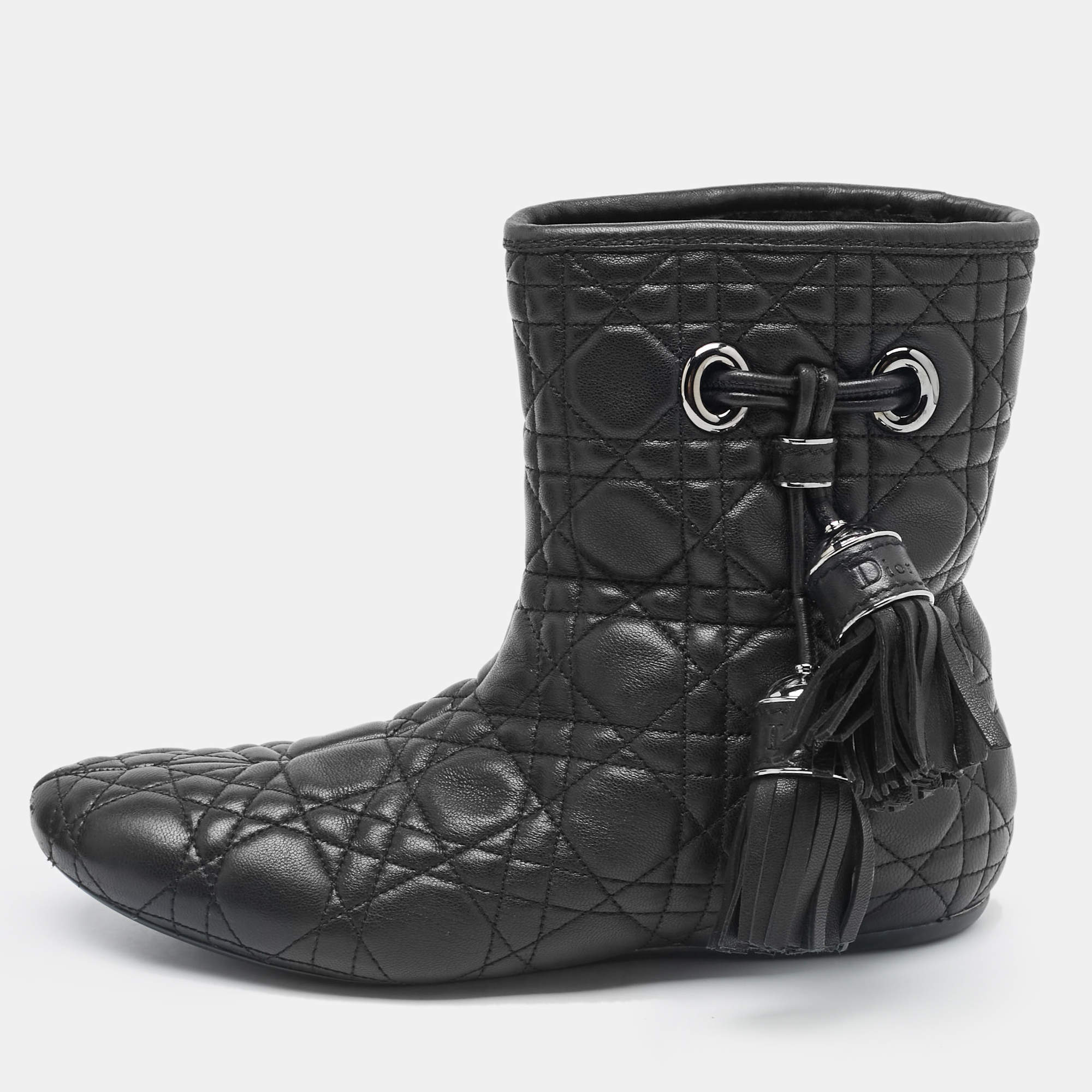 Dior Black Cannage Quilted Leather Tassel Snow Boots Size 38