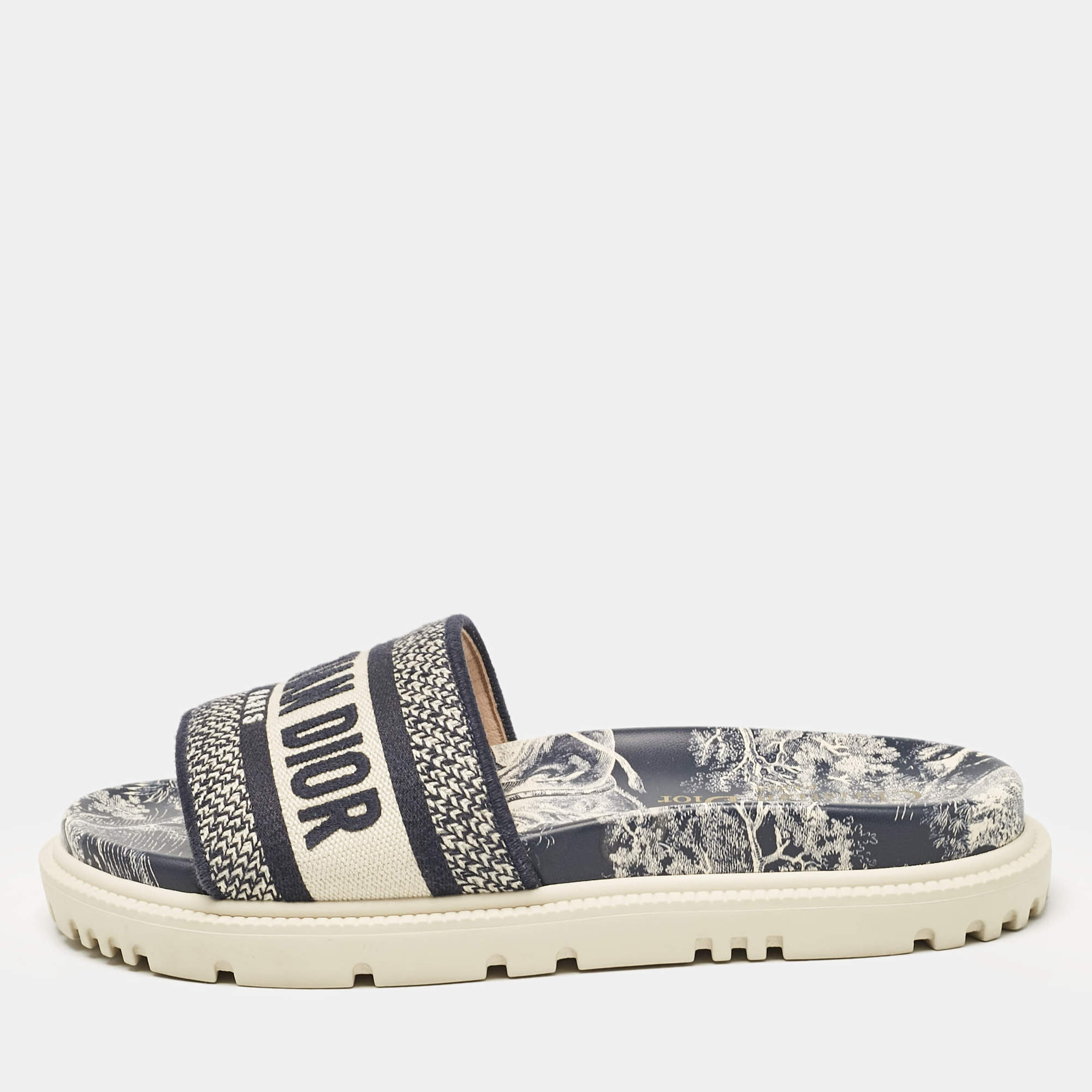 Dior Navy Blue/White Canvas Dway Flat Slides Size 35.5