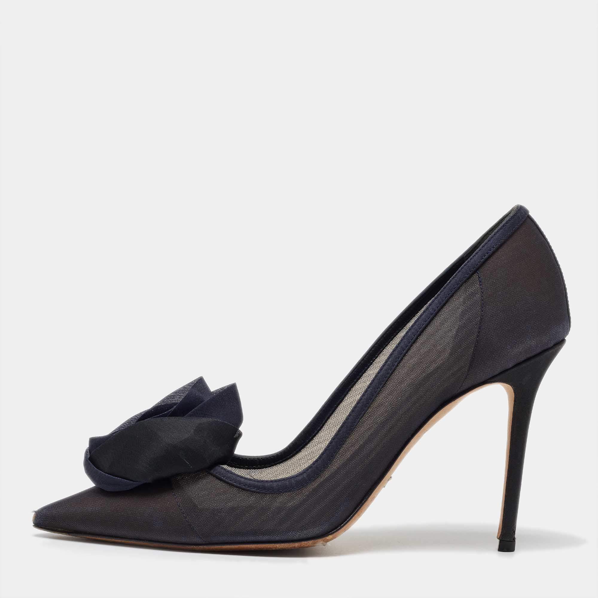 Pre Owned Dior Navy Blue Mesh and Satin Trim Rosette Pointed Toe Pumps Size 39