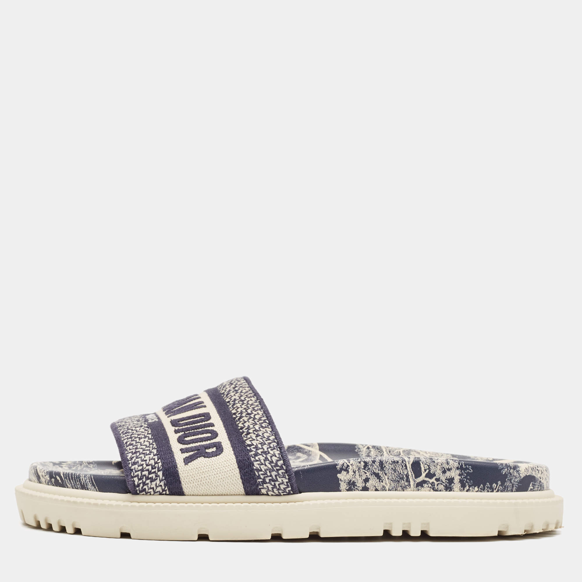 Dior Navy Blue/White Canvas D-Way Flat Slides Size 37.5