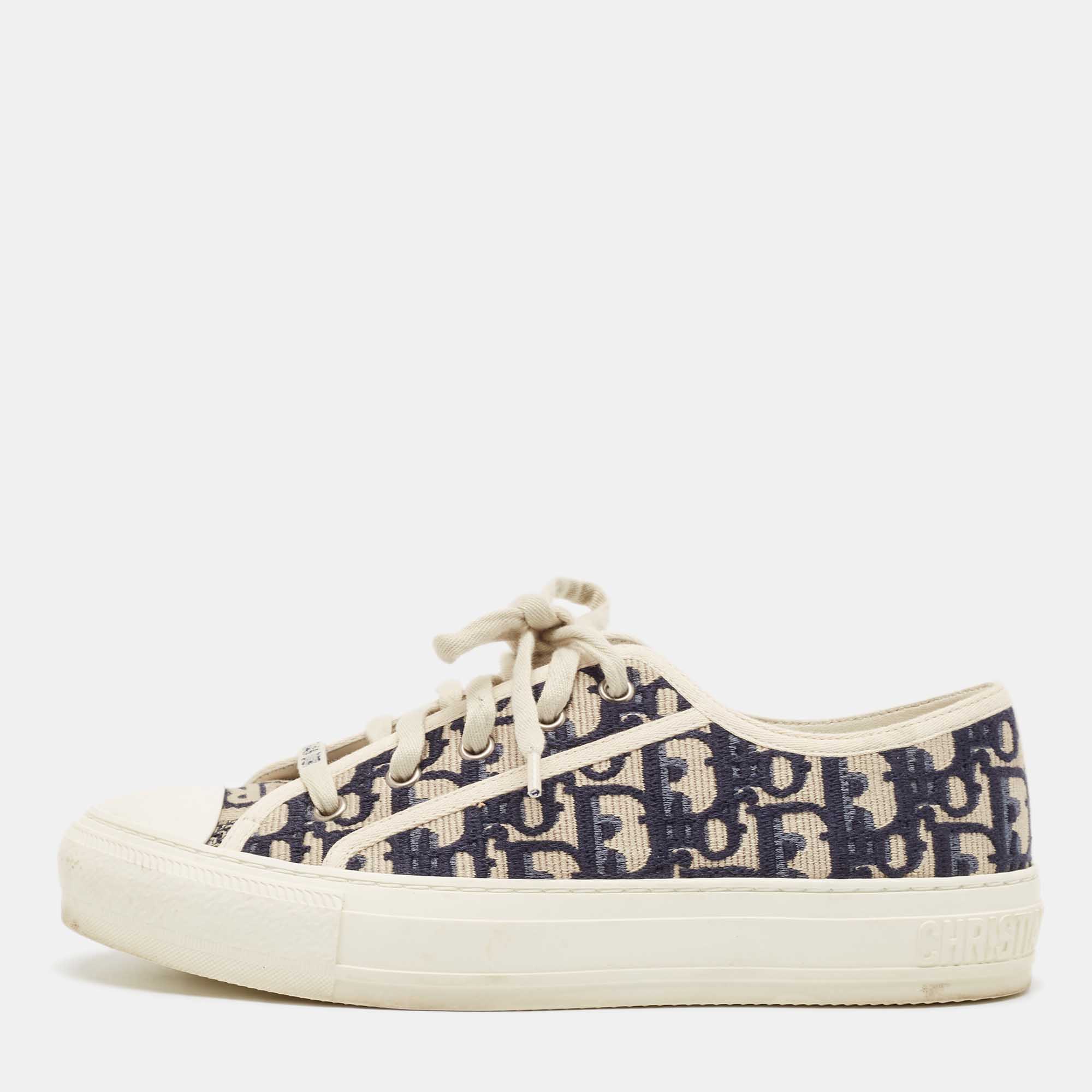 Dior White/Blue Monogram Canvas Walk'n'Dior Low Top Sneakers Size 37.5