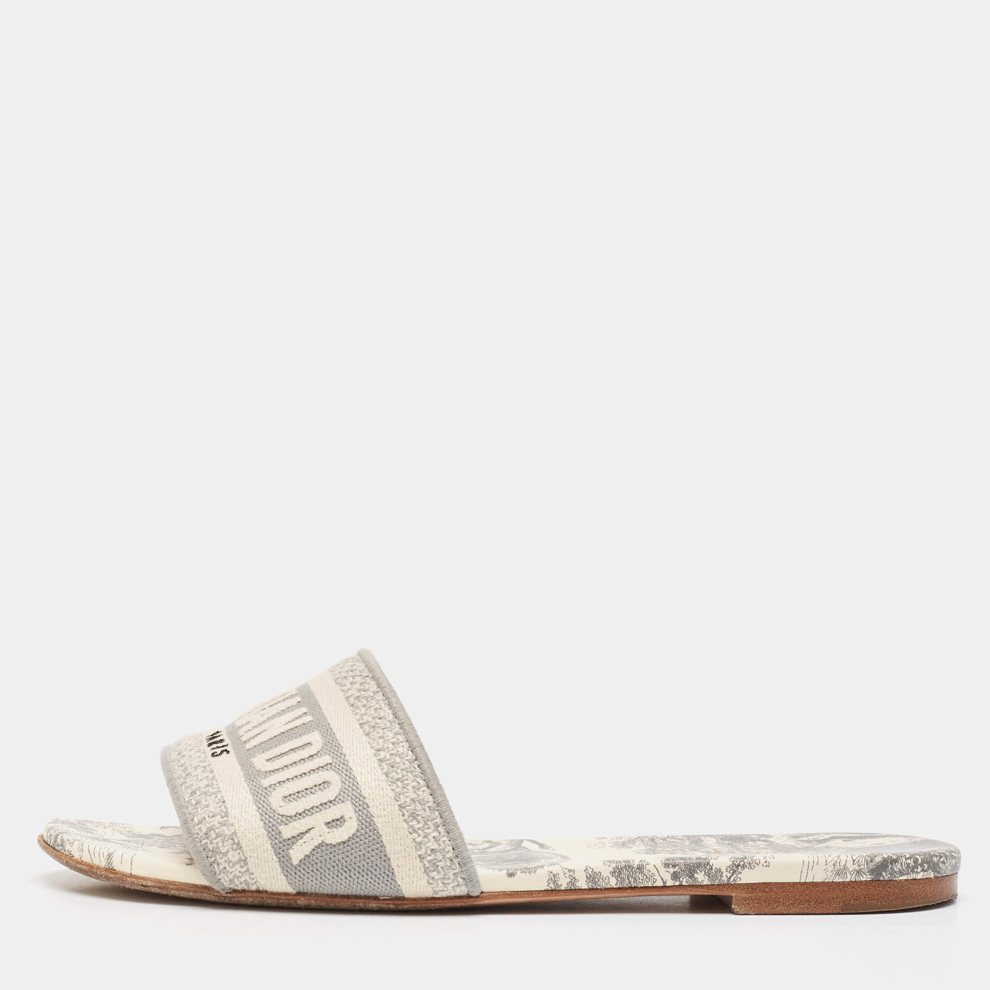 Pre Owned Dior Grey/White Embroidered Canvas Dway Flat Slides Size 38