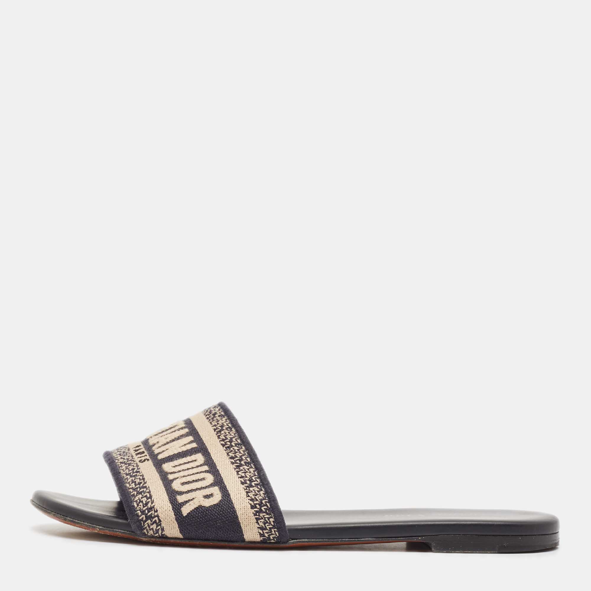 Pre Owned Dior Navy Blue/White Embroidered Canvas Dway Flat Slides Size 38