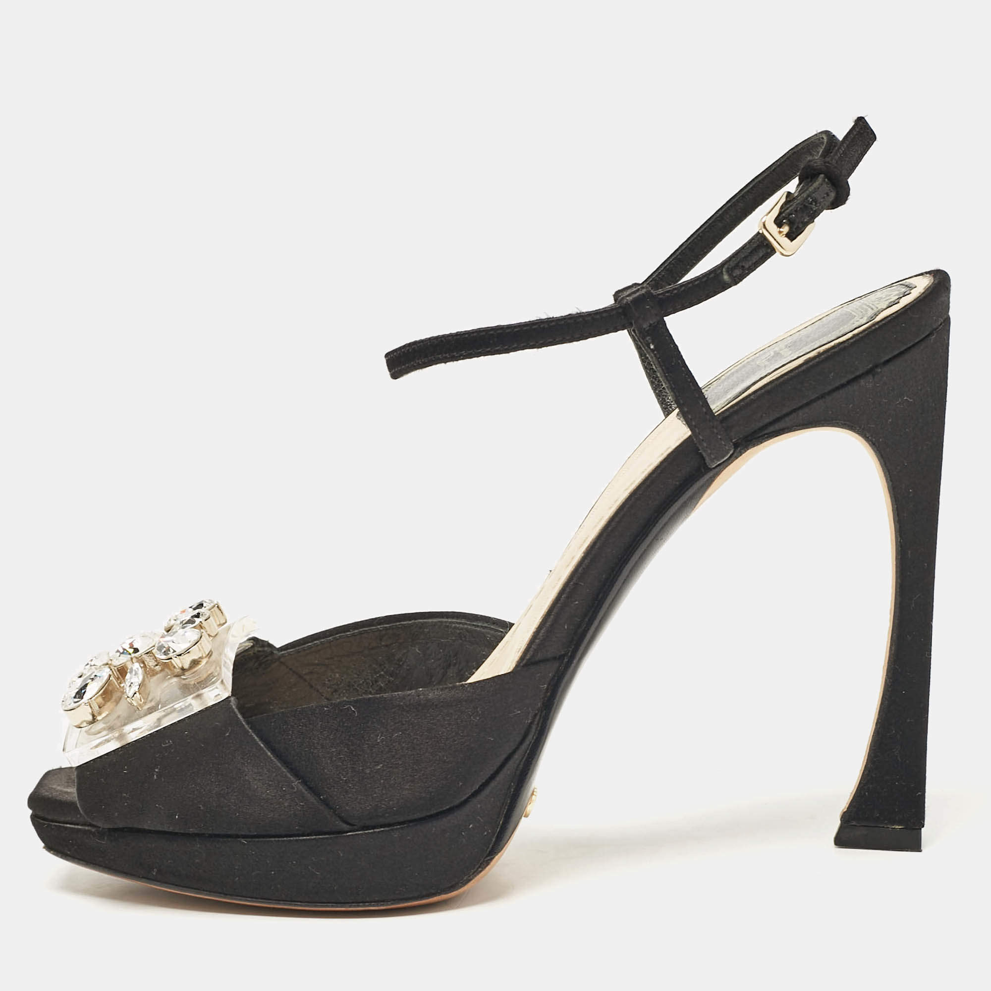 Dior Black Satin Crystal Embellished Ankle Strap Sandals Size 36