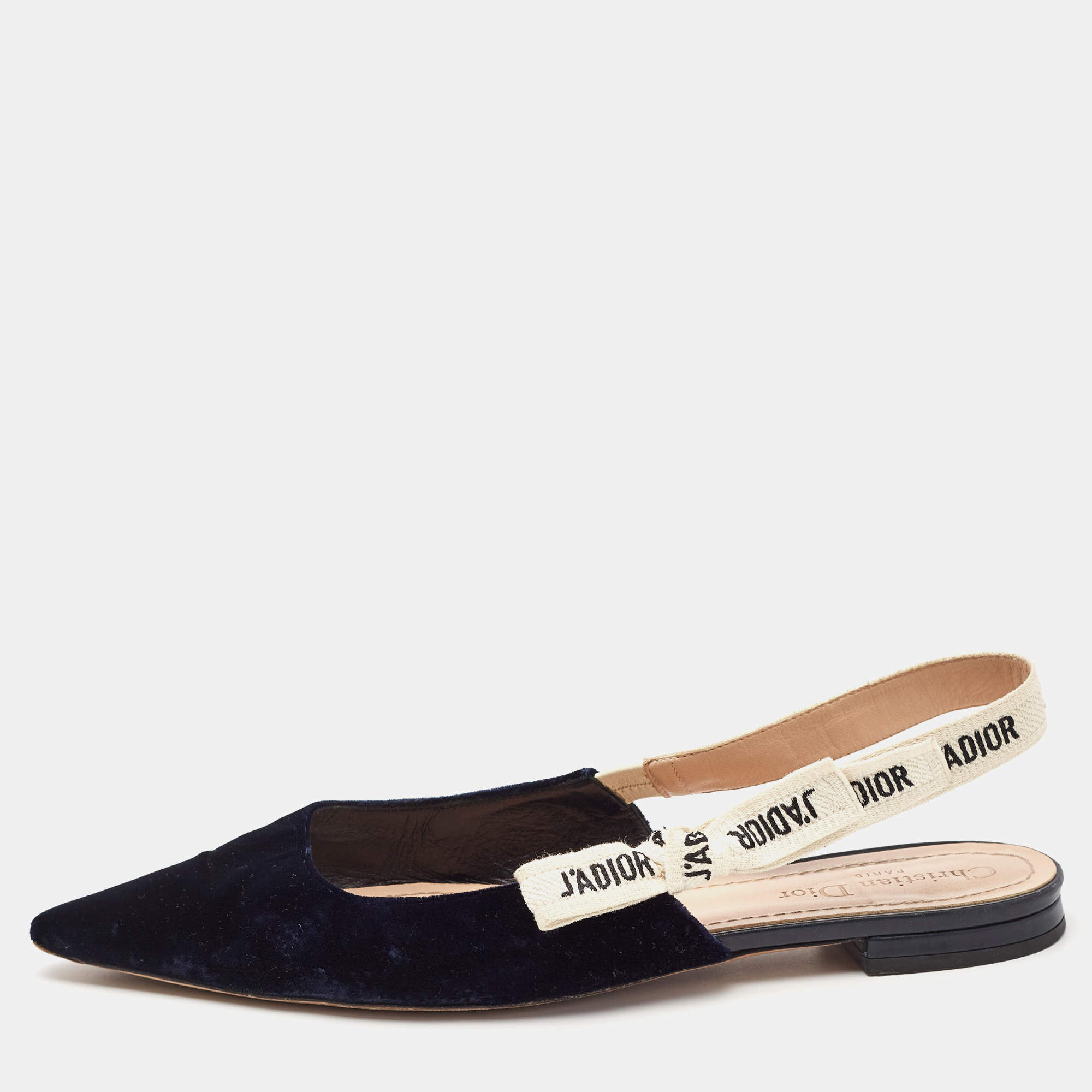 Pre Owned Dior Navy Blue Velvet J'adior Slingback Flats Size 41