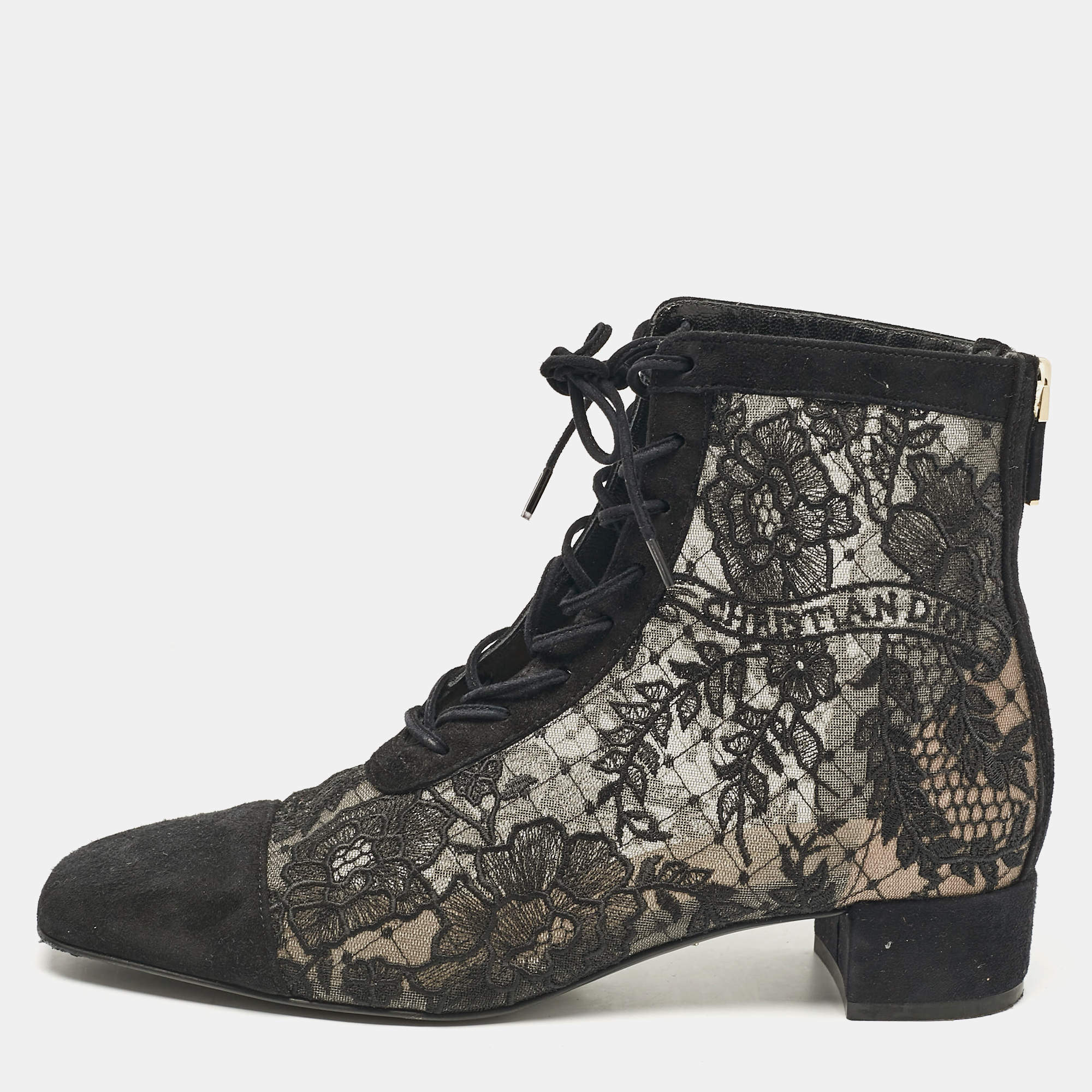 Dior Black Lace and Suede Naughtily D Ankle Boots Size 37