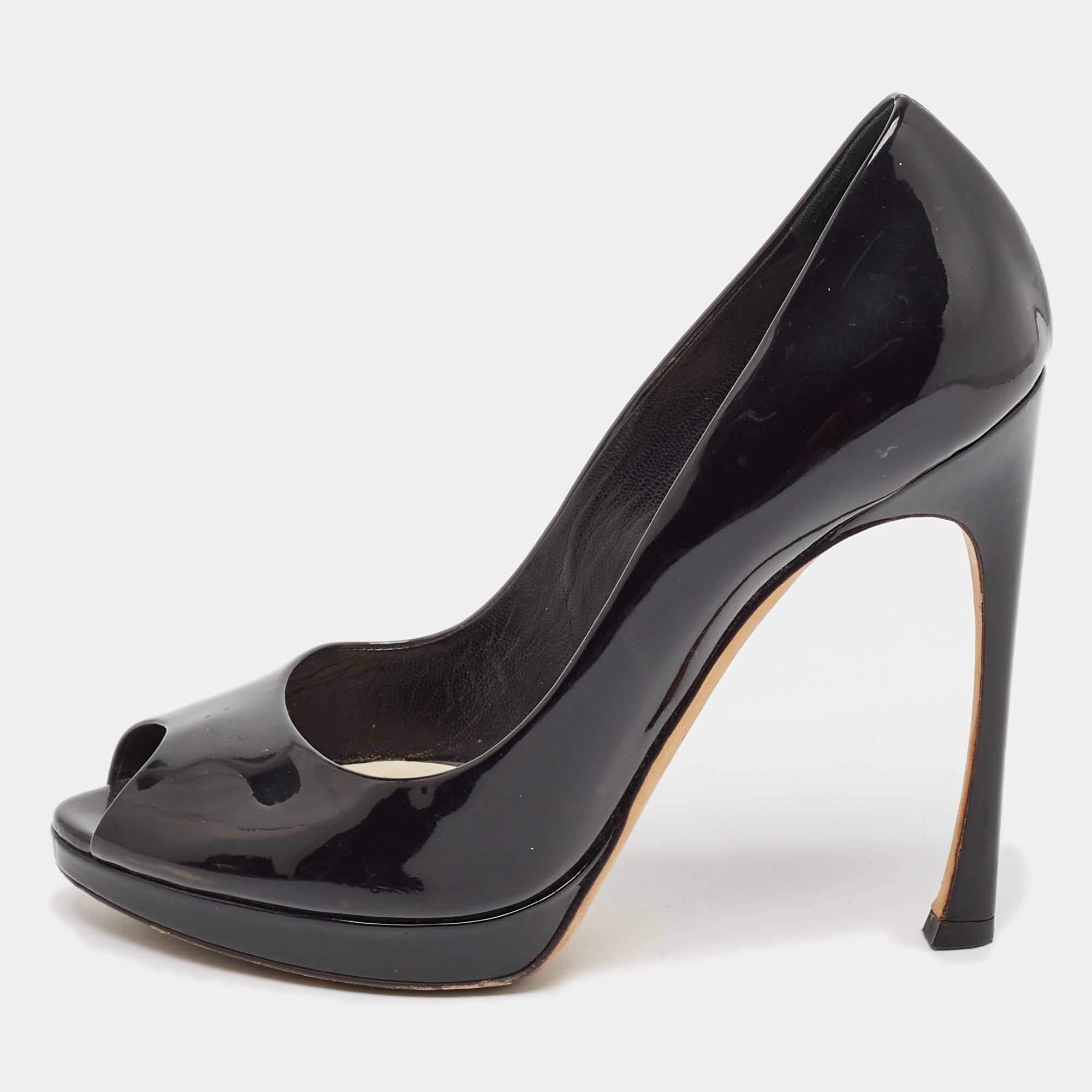 Dior Black Patent Leather Peep Toe Platform Pumps Size 38.5