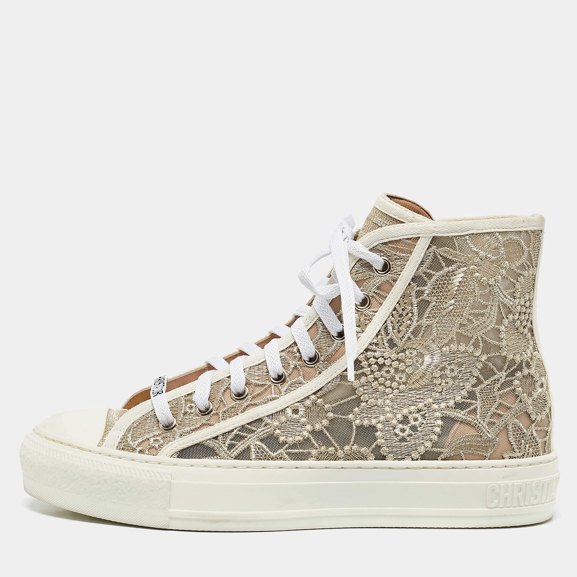 Pre Owned Dior Gold Lace and Mesh Walk'n'Dior High Top Sneakers Size 38.5