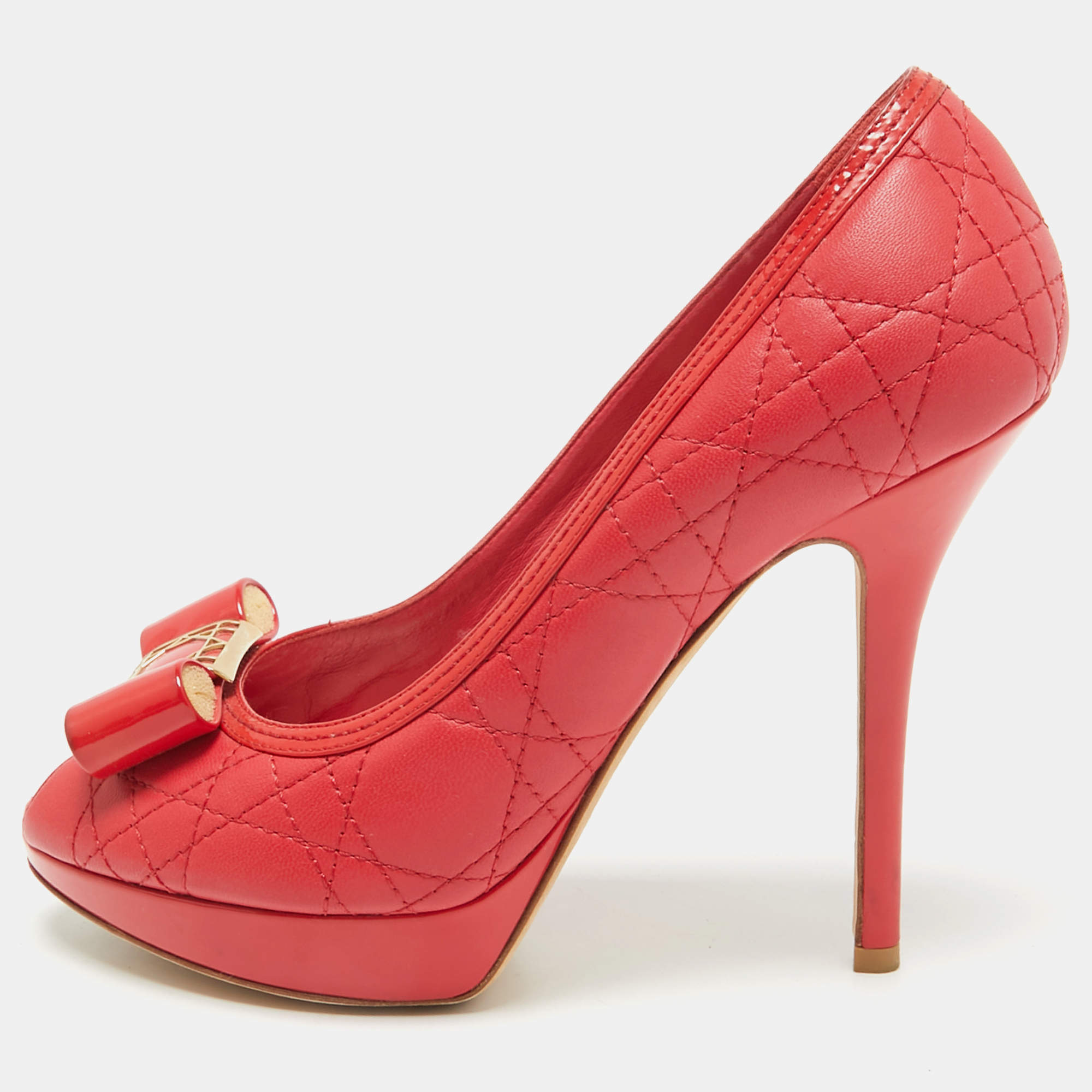 Dior Red Cannage Leather Bow Peep Toe Platform Pumps Size 37