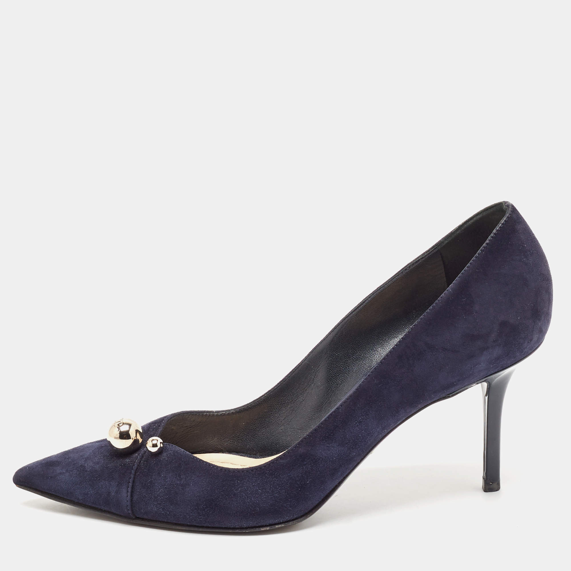 Dior Navy Blue Suede Logo Pointed Toe Pumps Size 38.5