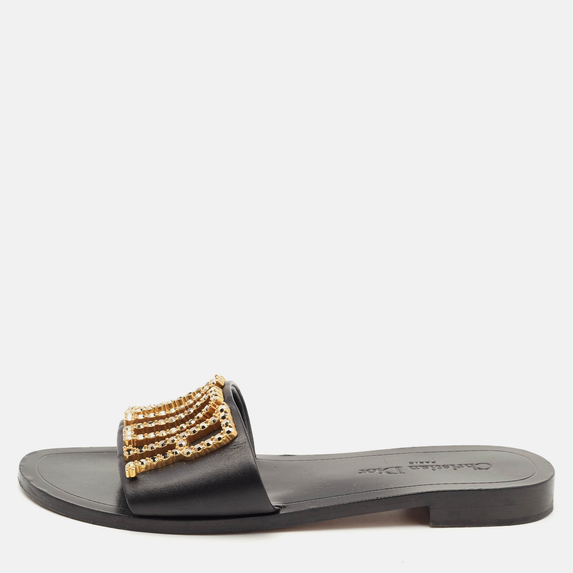 Dior Black Leather Crystal Embellished Diorevolution Flat Slides Size 38.5