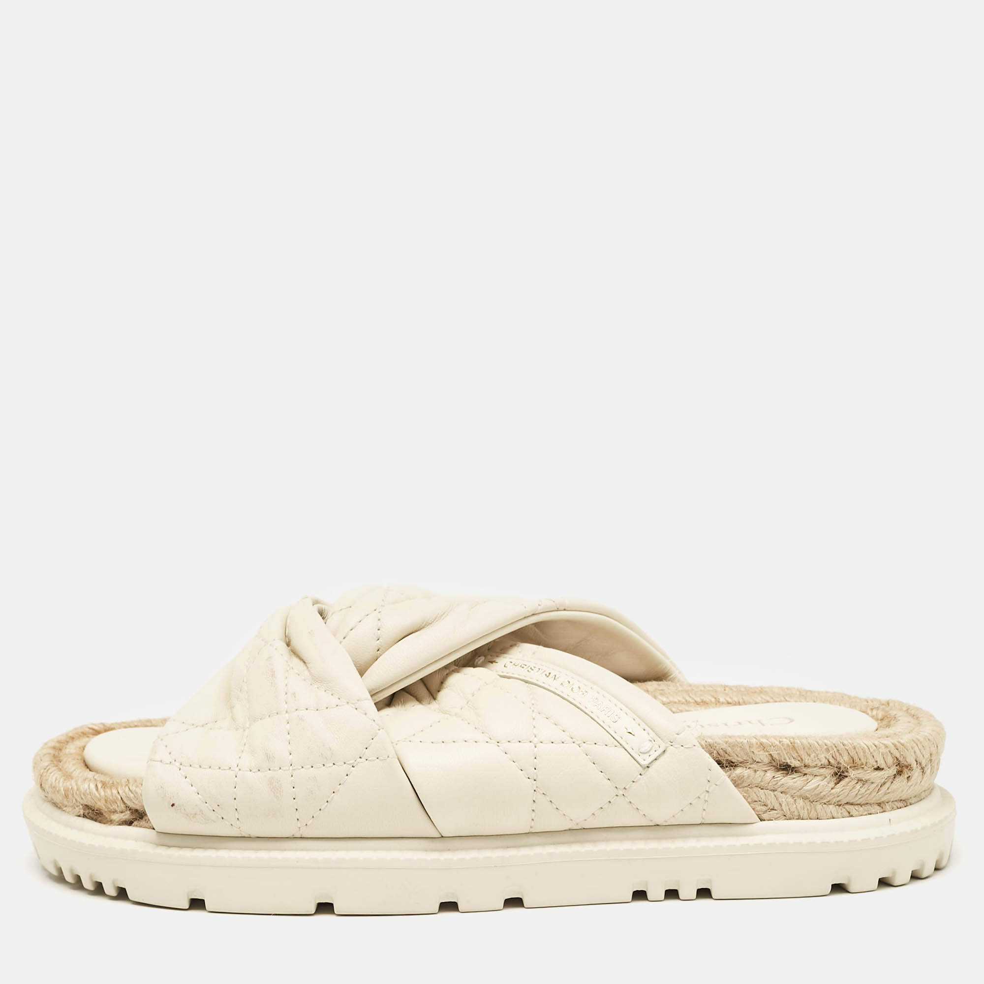 Dior Off White Quilted Leather D-Twist Espadrille Flat Slides Size 37