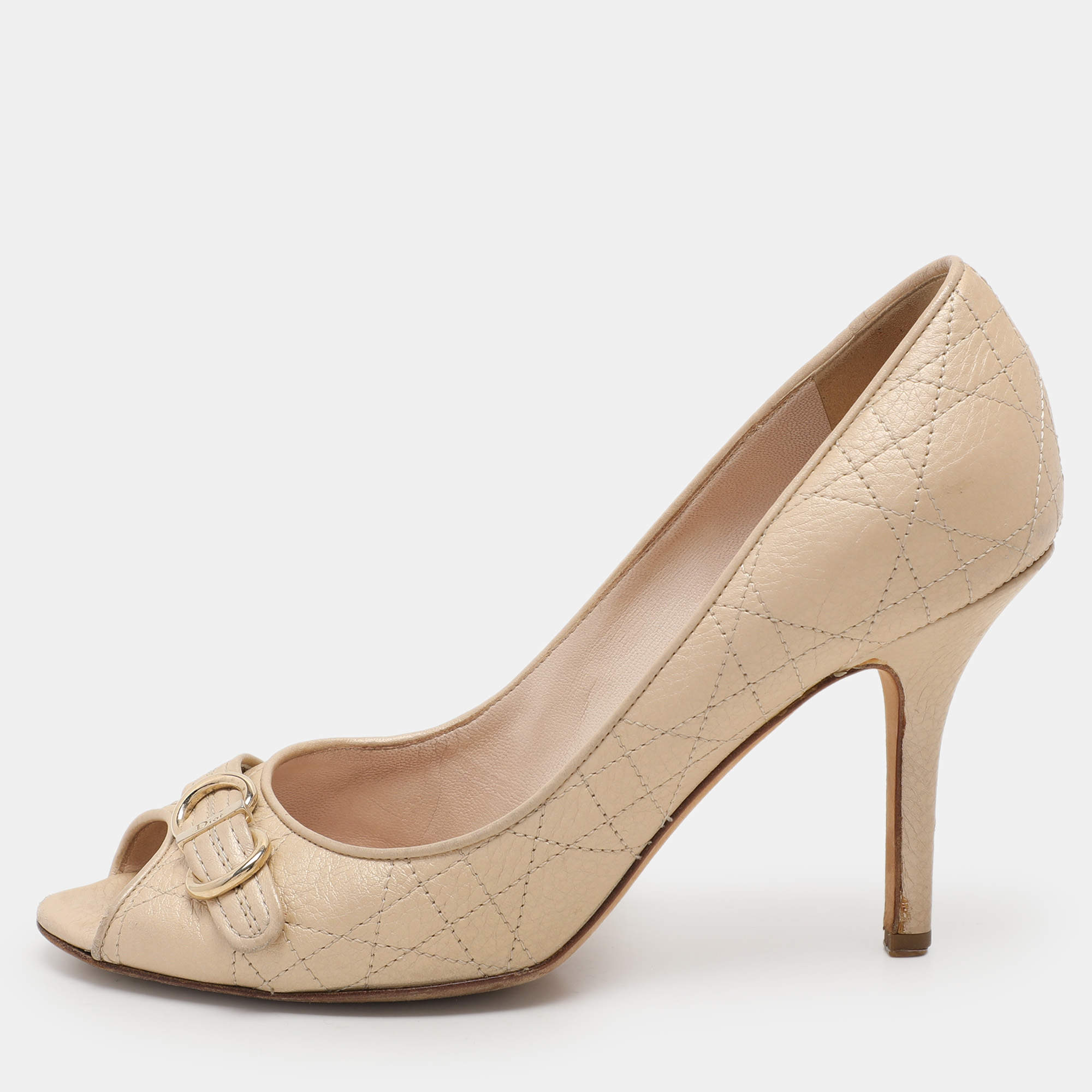 Dior Beige Cannage Leather Embellished Peep Toe Pumps Size 38.5