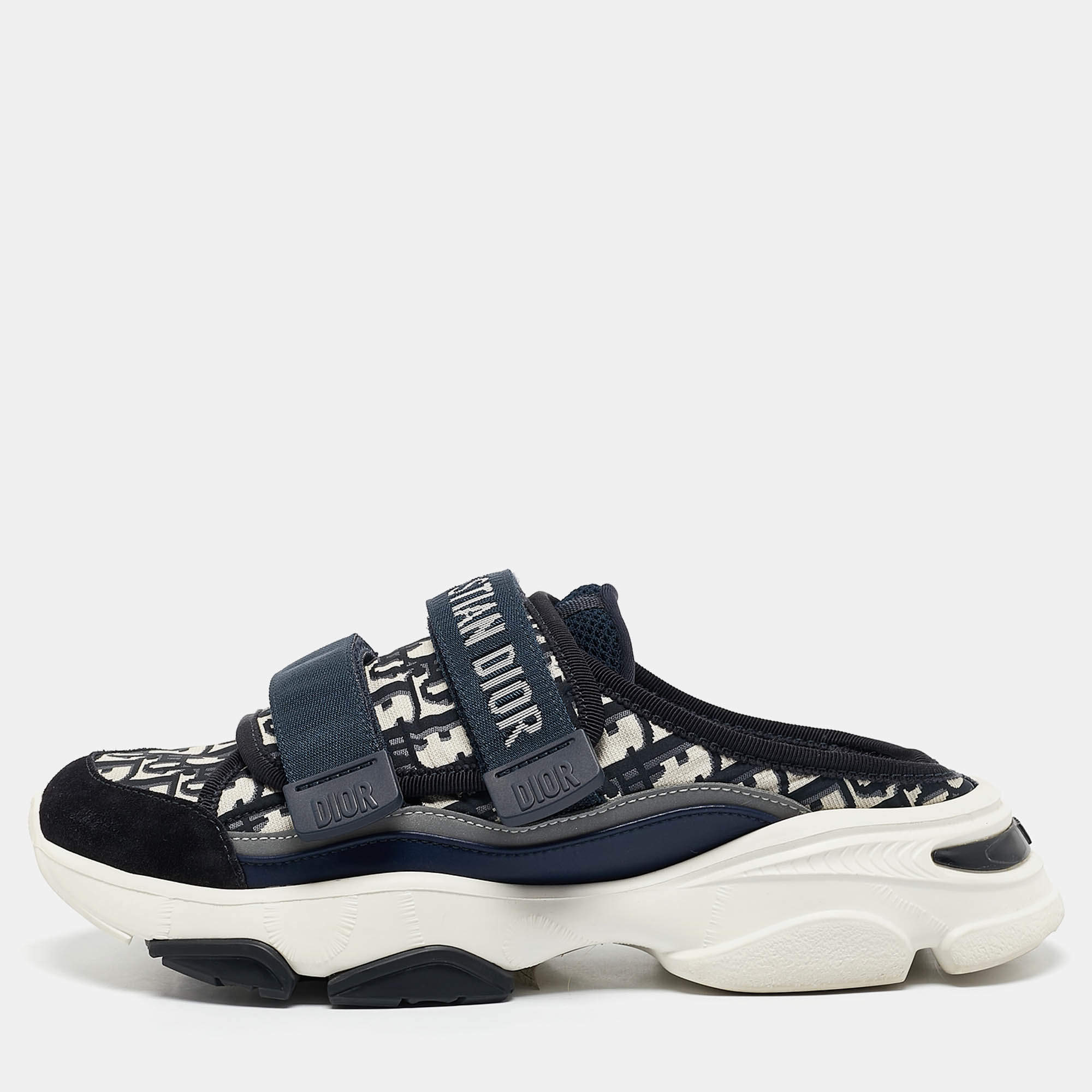 Pre Owned Dior Navy Blue Oblique Technical Fabric D Wander Mule Sneakers Size 38.5