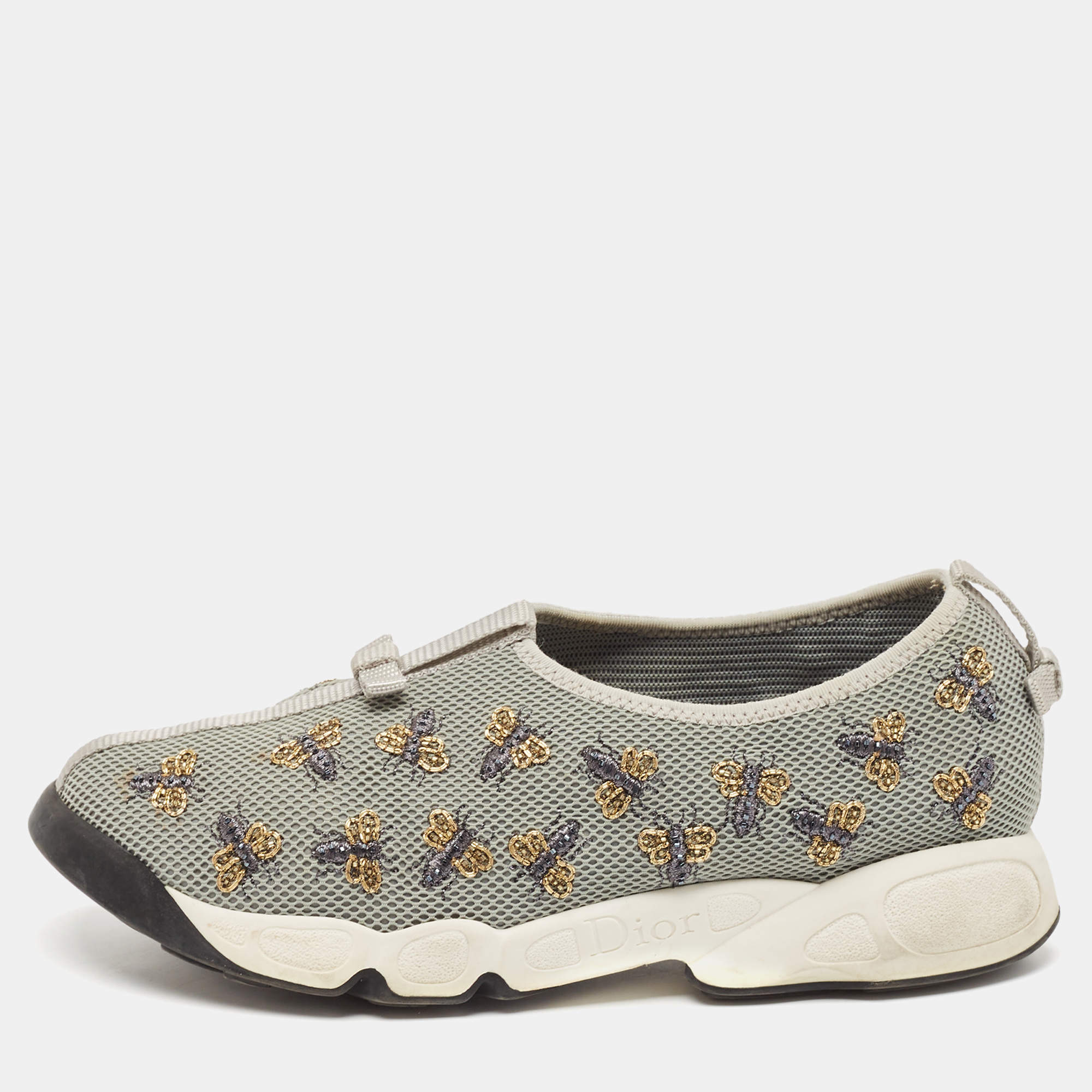 Dior Grey Mesh Fusion Bee Embellished Slip On Sneakers Size 39.5