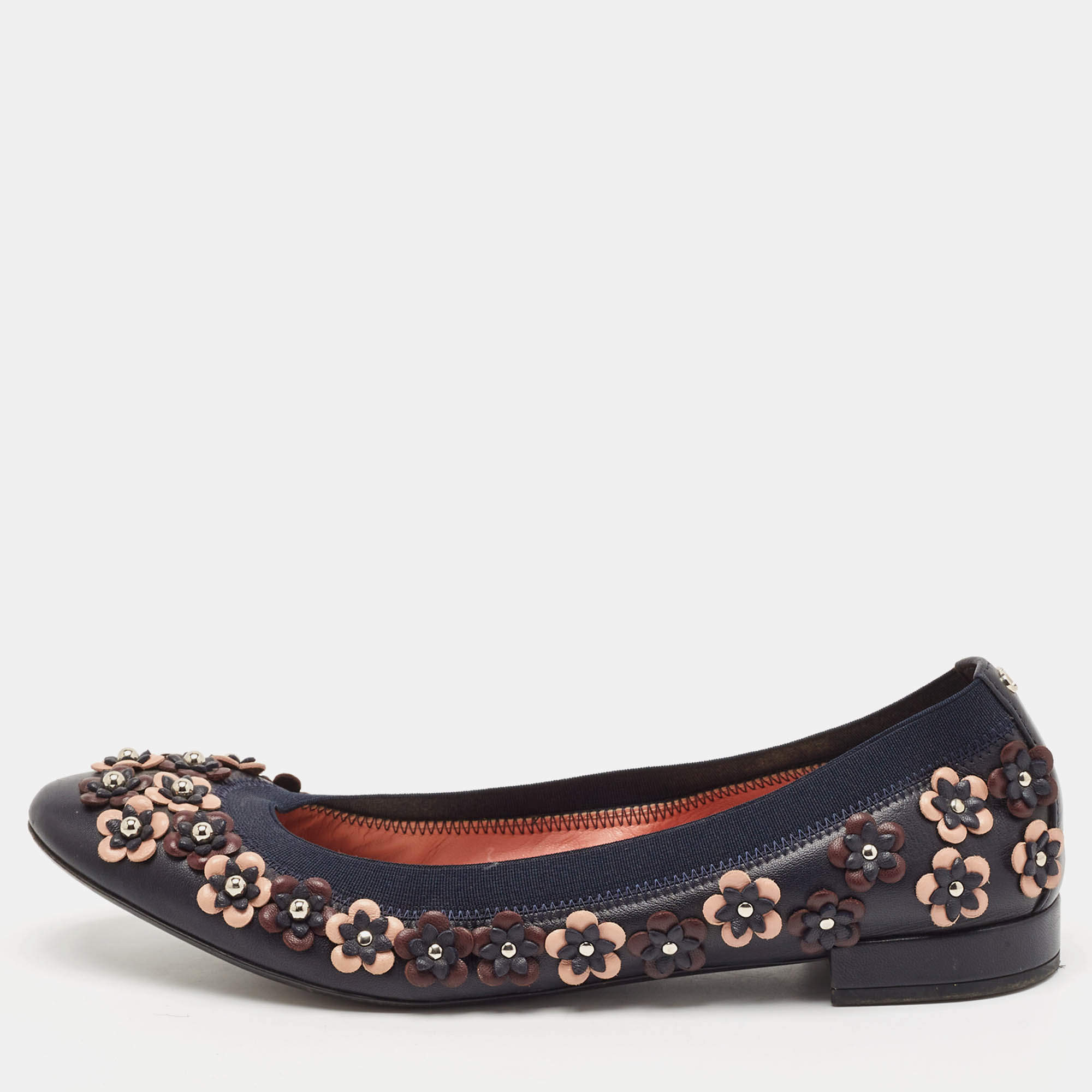 Pre Owned Dior Navy Blue Leather Cut Out Flower Embellished Ballet Flats Size 41