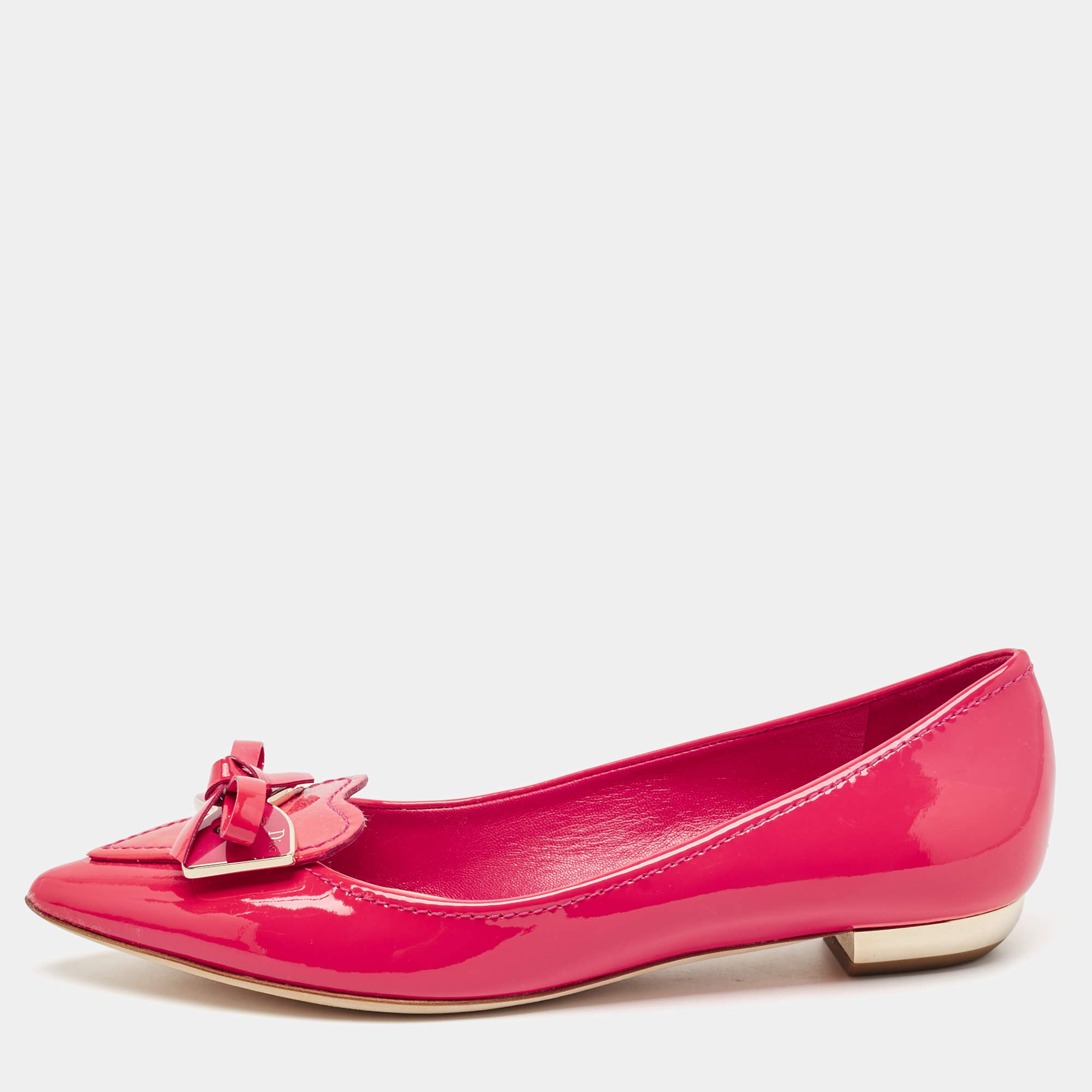 Dior Pink Patent Leather Bow Pointed Toe Ballet  Flats Size 35.5
