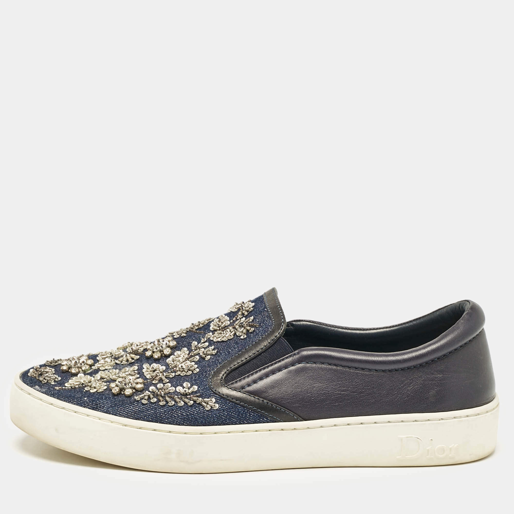 Dior Blue Denim and Leather Embellished Slip On Sneakers Size 39.5