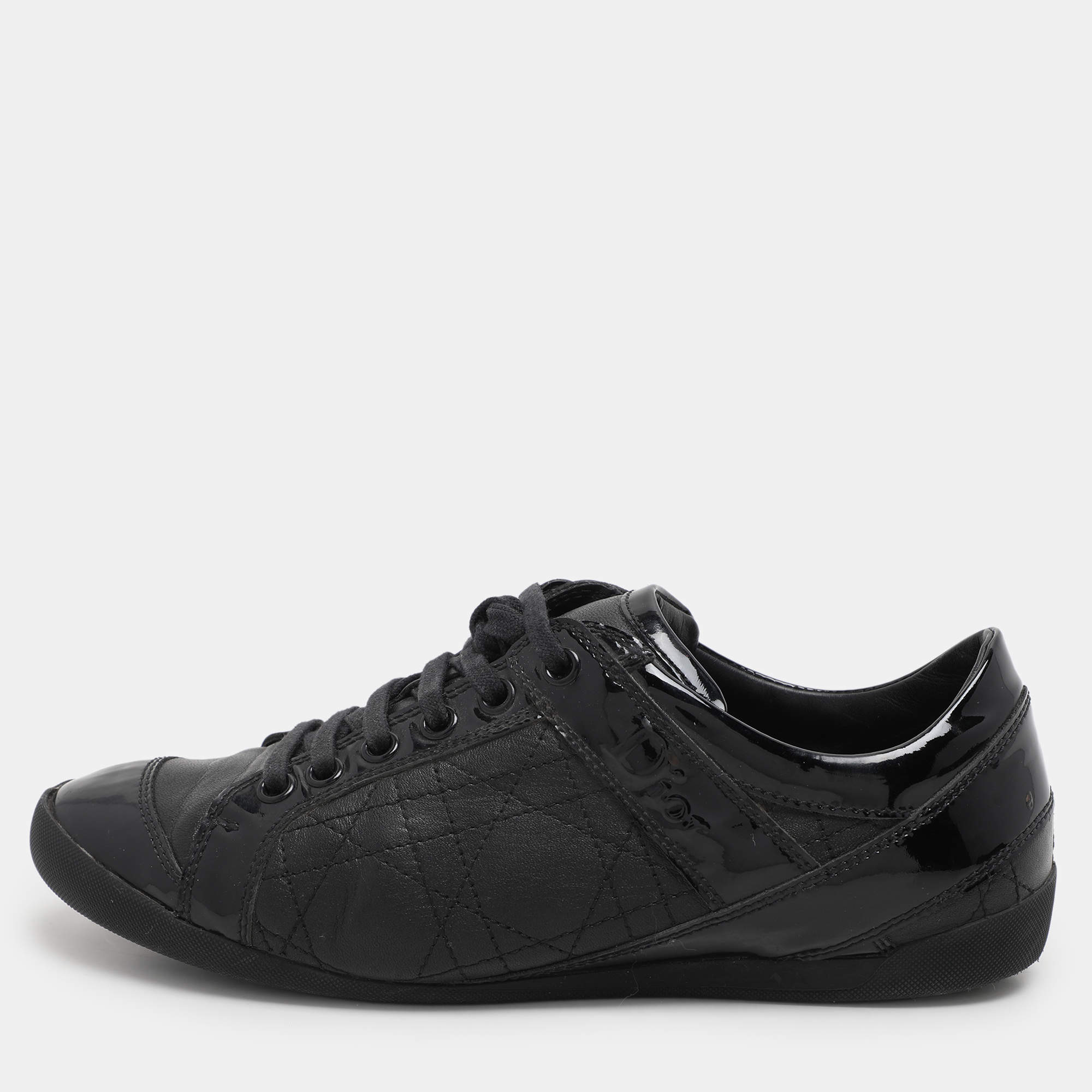 Dior Black Leather and Patent Leather Low Top Sneakers Size 36.5